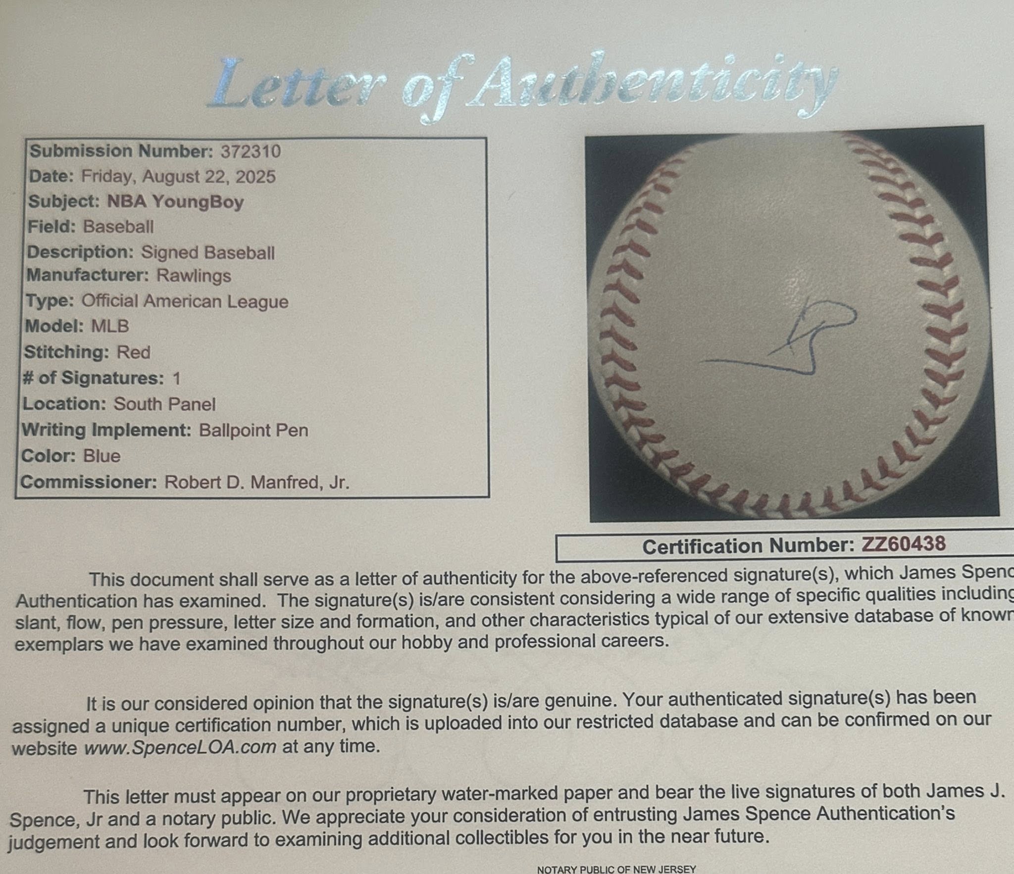 NBA YoungBoy Autographed Official MLB Baseball JSA LOA