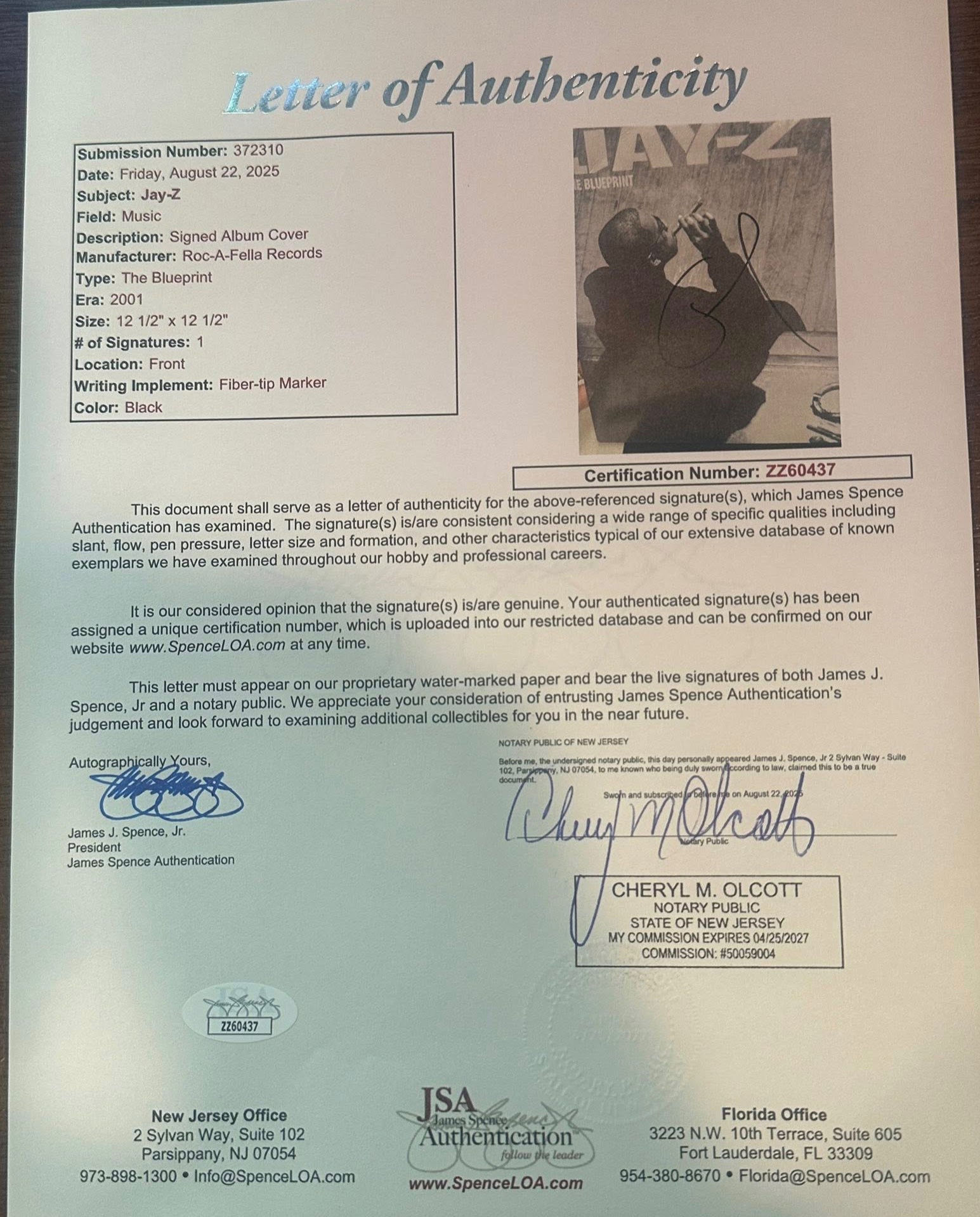 Jay-Z Autographed The Blueprint VINYL LP JSA LOA