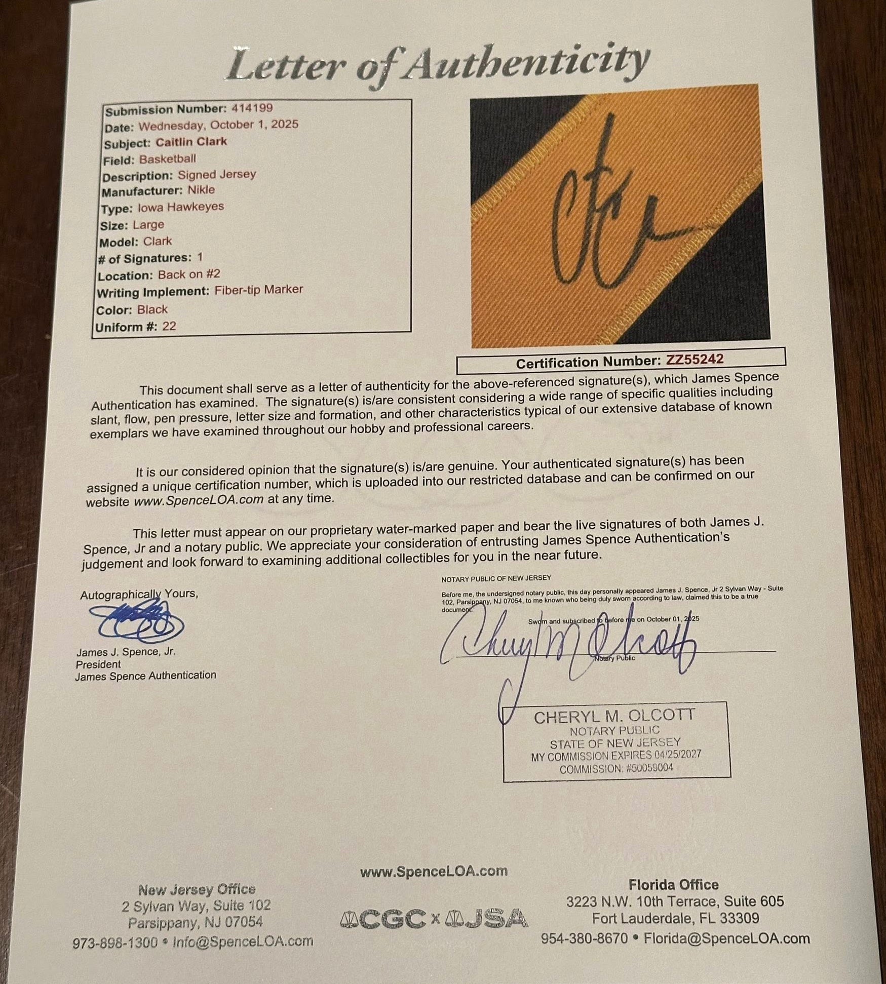 Caitlin Clark Autographed Iowa Hawkeyes Jersey JSA LOA