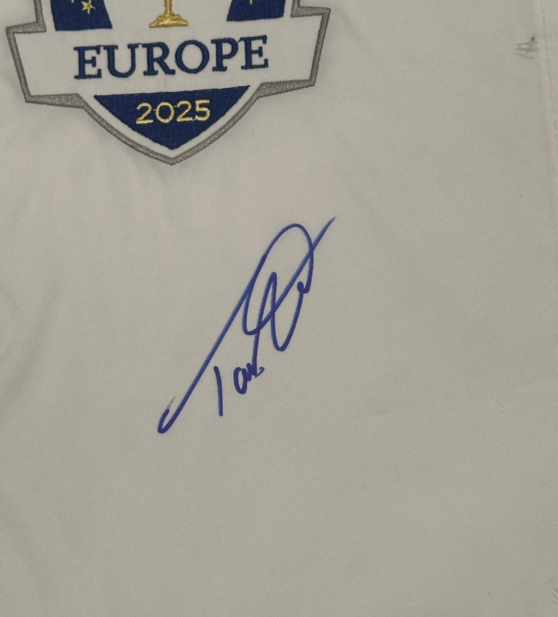 Tommy Fleetwood Autographed 2025 Ryder Cup Pin Flag Team Europe JSA COA