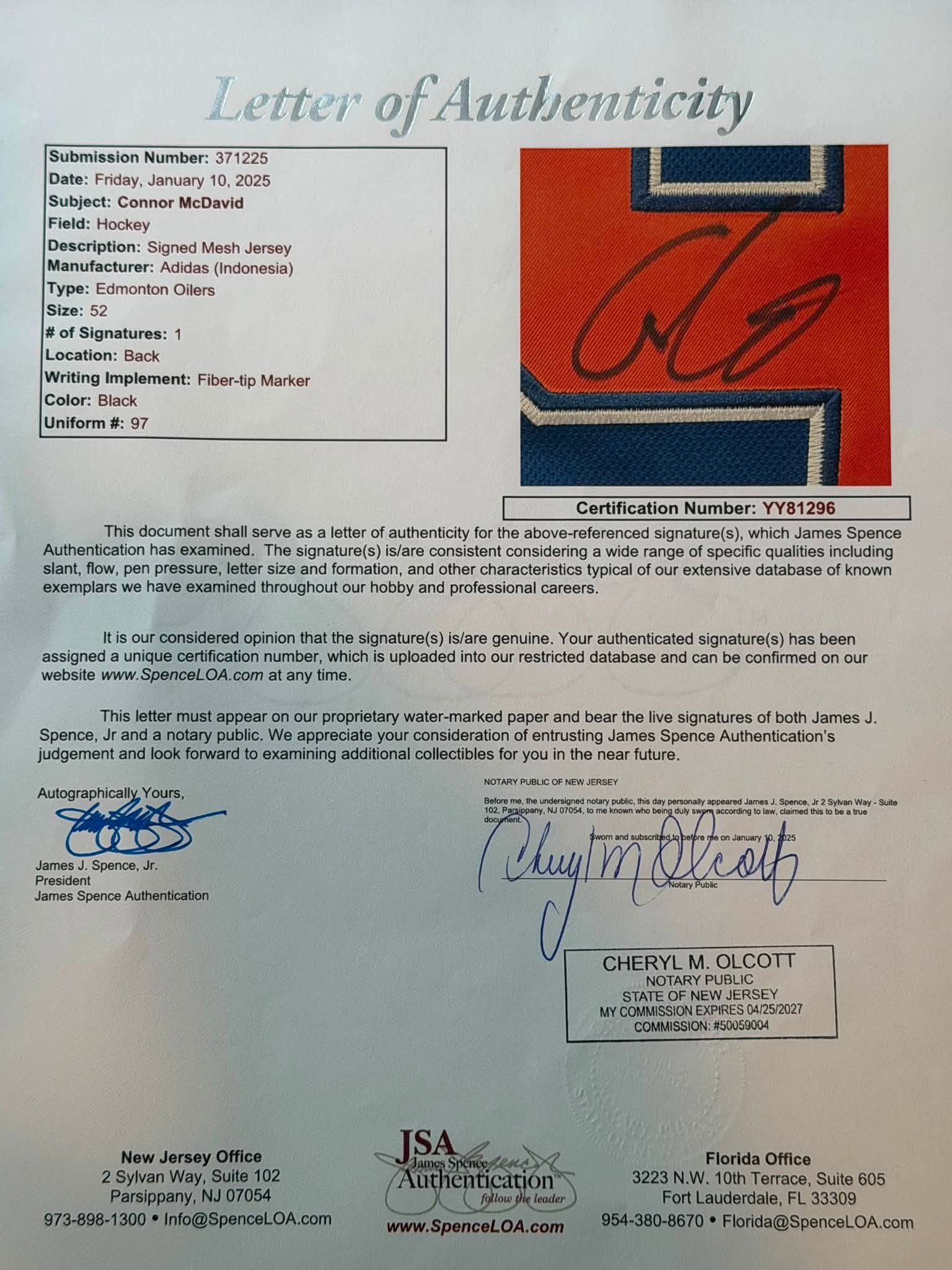 Connor McDavid Signed Edmonton Oilers Jersey JSA LOA Read Description