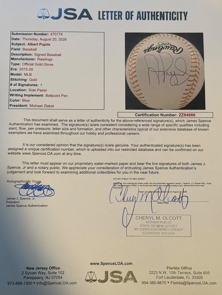 Albert Pujols Autographed Gold Glove Award Baseball JSA LOA Cardinals