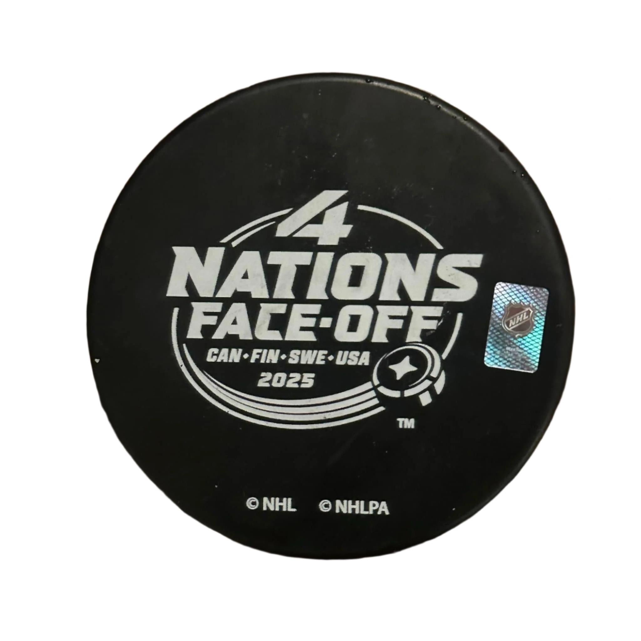 Brayden Point Team Canada Autographed 4 Nations Logo Puck-Right Off The Field
