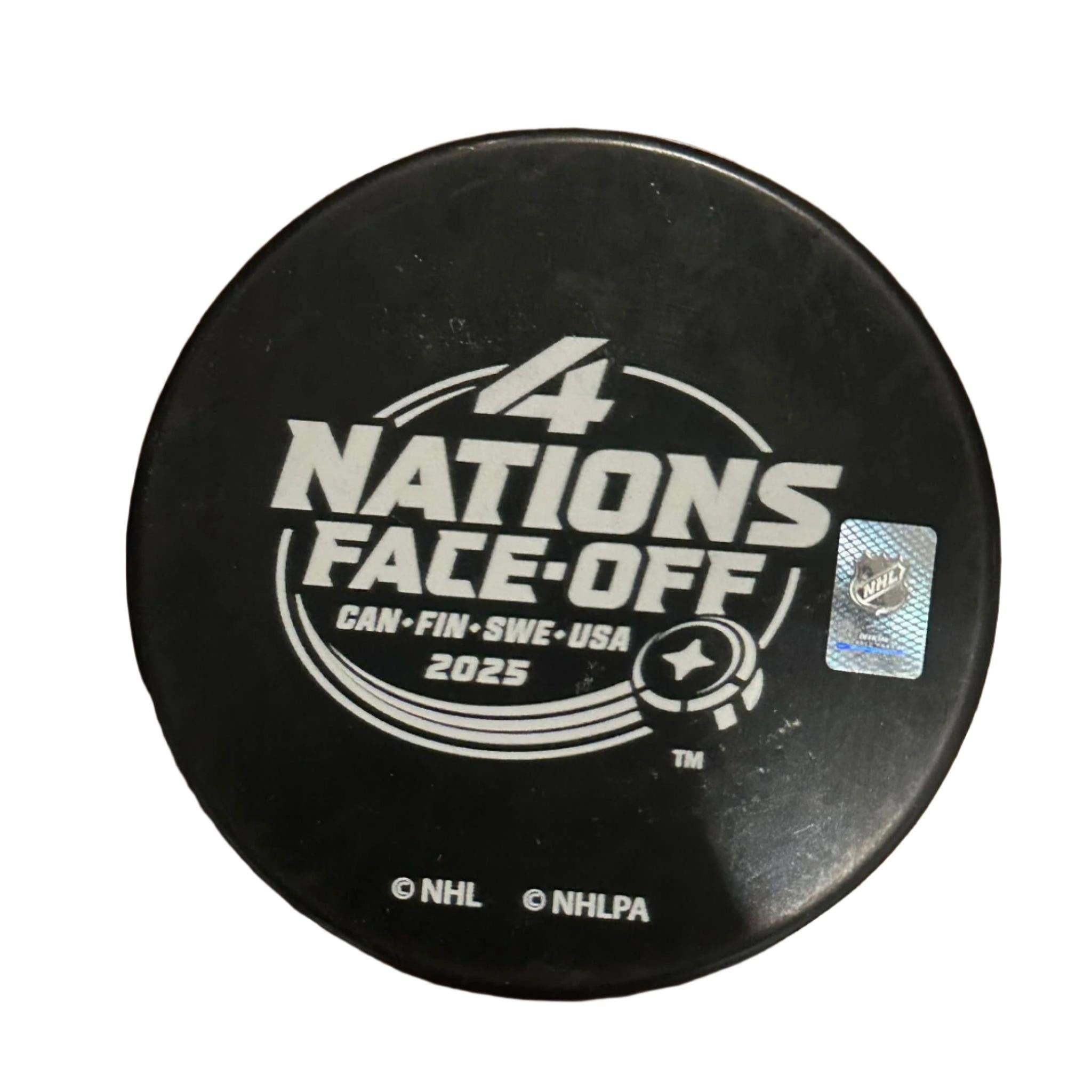 Brayden Point Team Canada Autographed 4 Nations Logo Puck-Right Off The Field