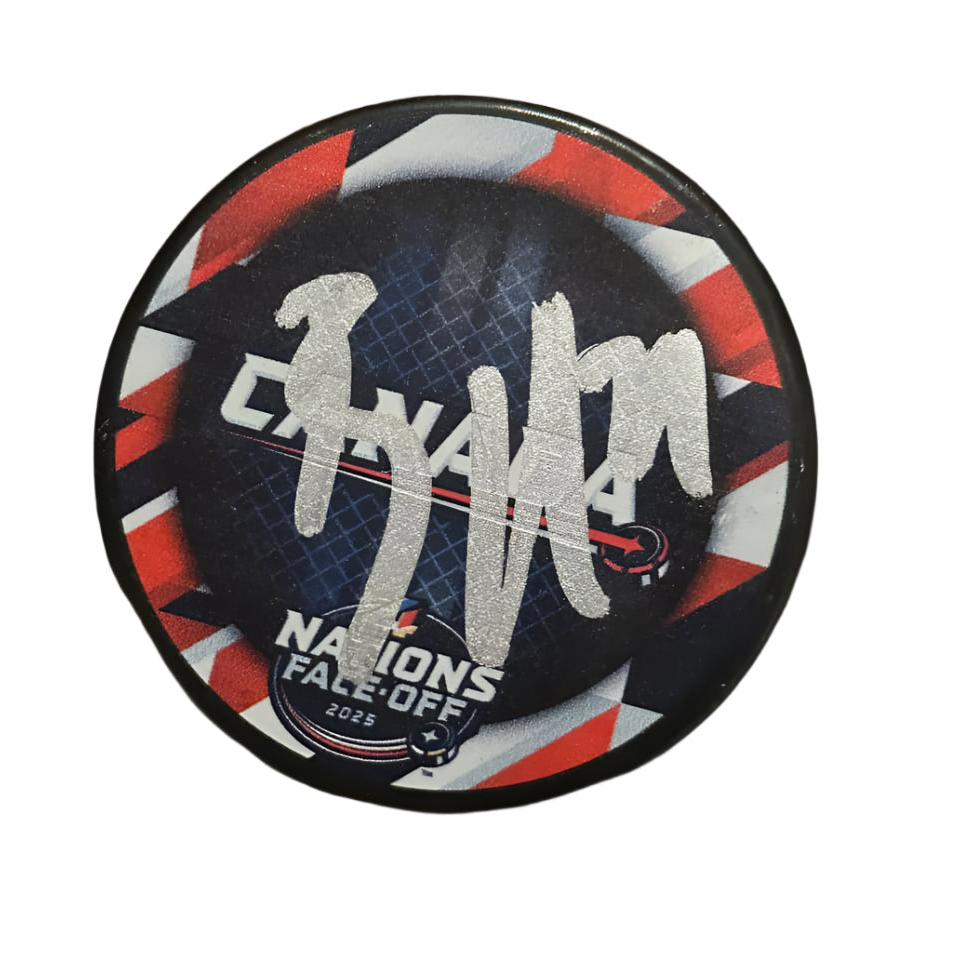 Brayden Point Team Canada Autographed 4 Nations Logo Puck-Right Off The Field