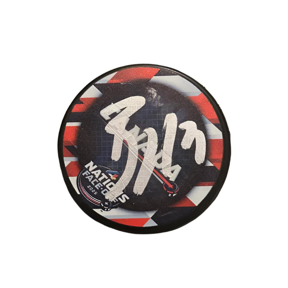 Brayden Point Team Canada Autographed 4 Nations Logo Puck-Right Off The Field