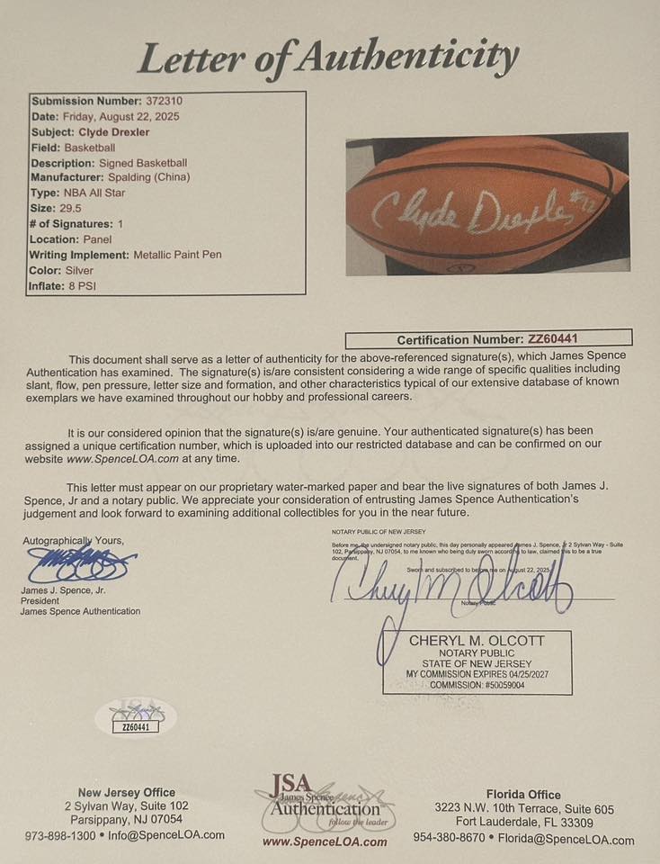 Clyde Drexler Autographed Spalding Basketball JSA LOA Portland Trail-Blazers-Right Off The Field