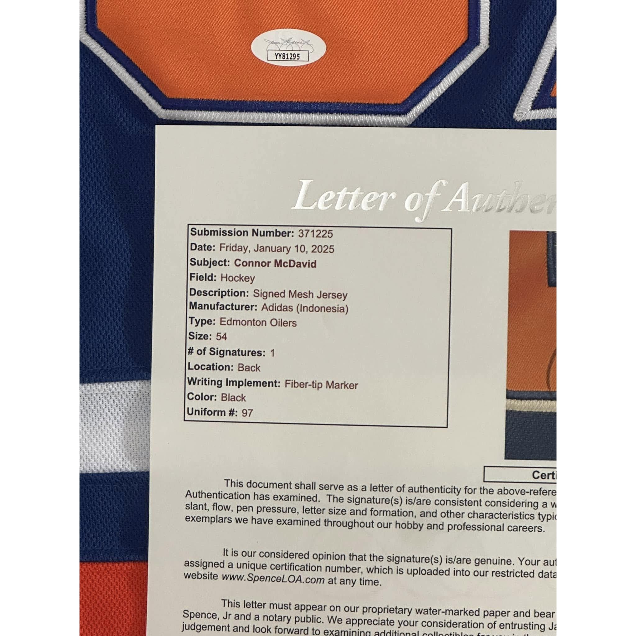 Connor McDavid Autographed Edmonton Oilers Jersey JSA LOA-Right Off The Field