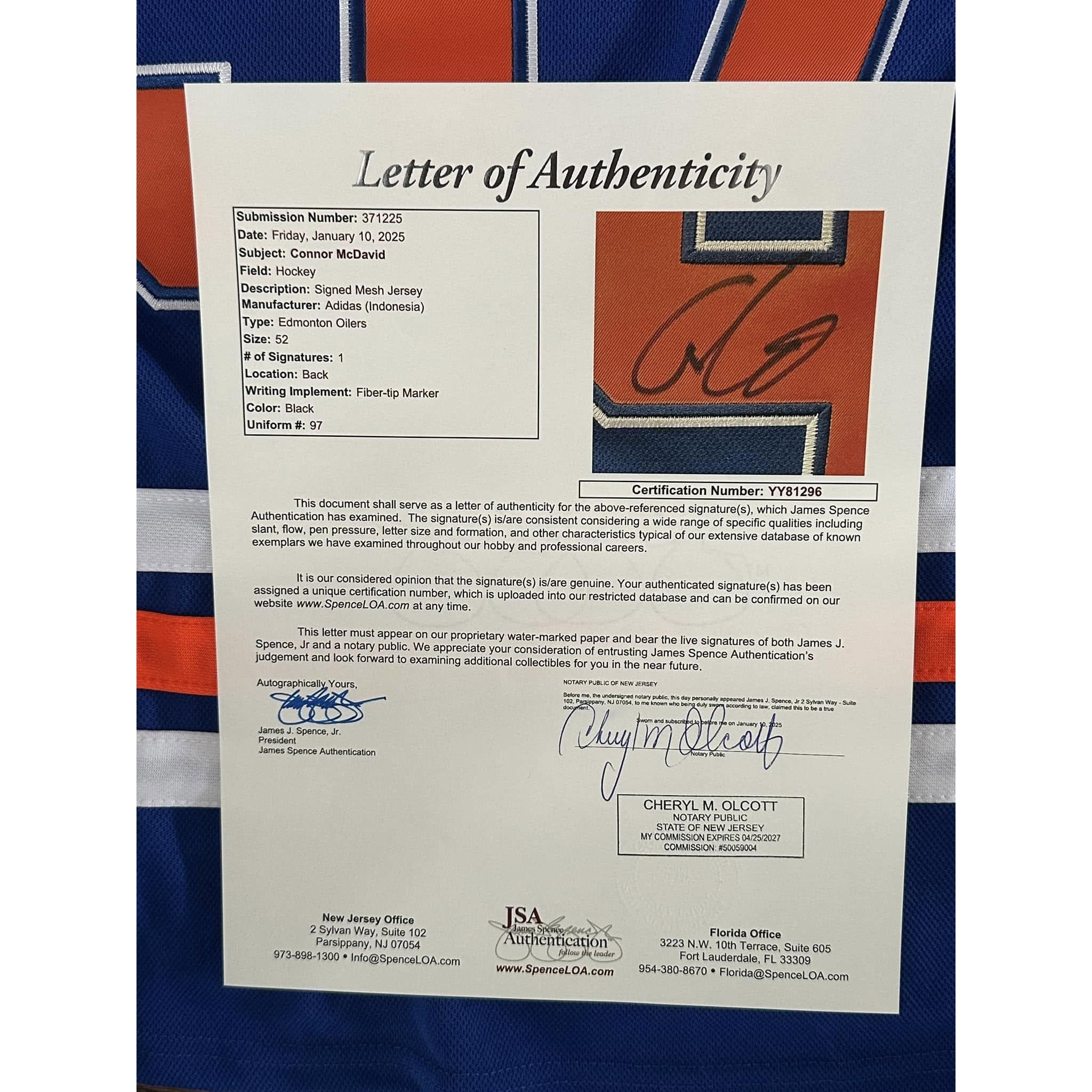Connor McDavid Autographed Edmonton Oilers Jersey JSA LOA (Read Description)-Right Off The Field