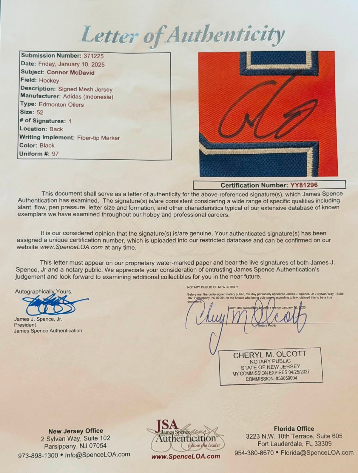Connor McDavid Signed Autographed Edmonton Oilers Jersey JSA LOA-Right Off The Field