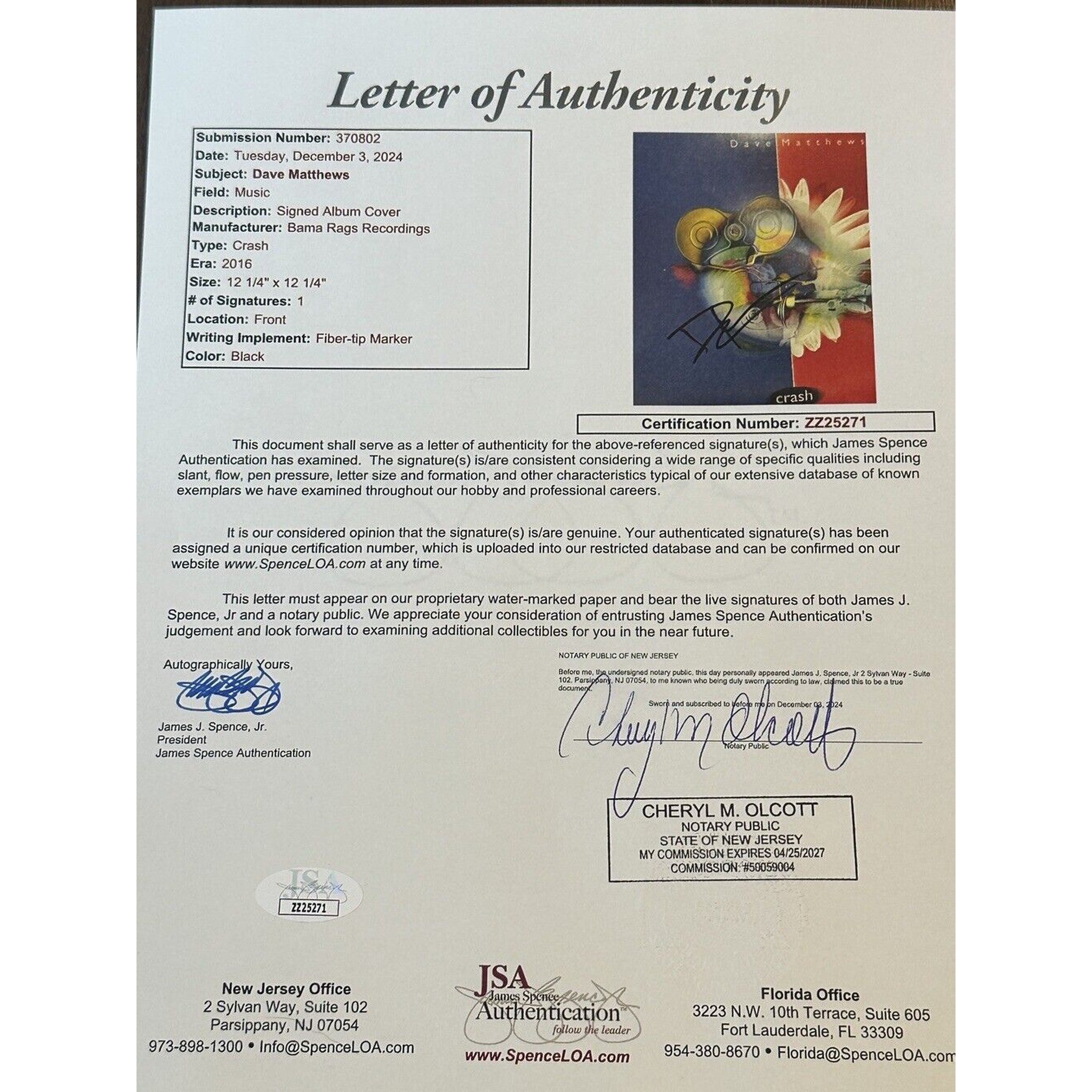 Dave Matthews Autographed Crash LP Vinyl JSA LOA Dave Matthews Band-Entertainment-Right Off The Field