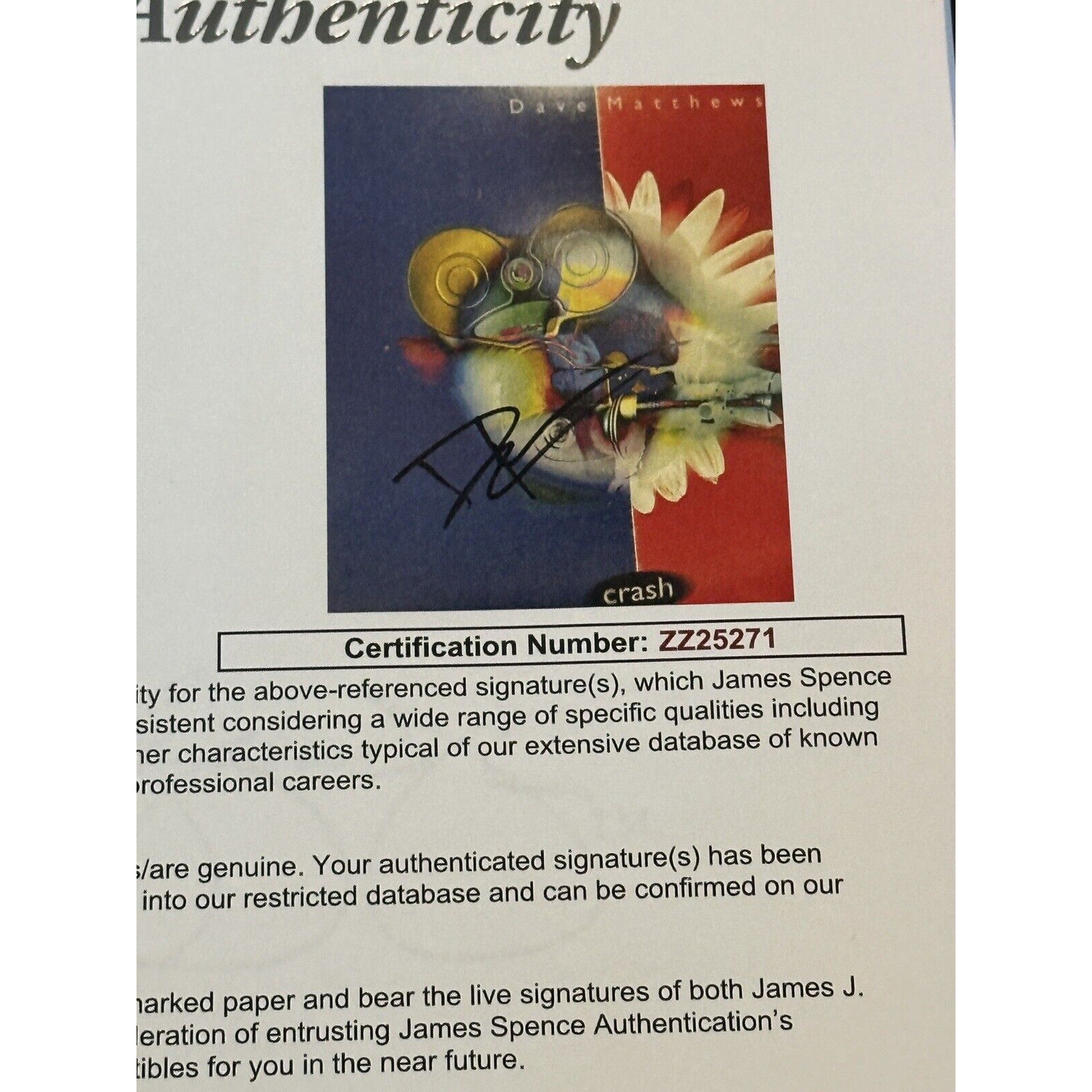 Dave Matthews Autographed Crash LP Vinyl JSA LOA Dave Matthews Band-Entertainment-Right Off The Field