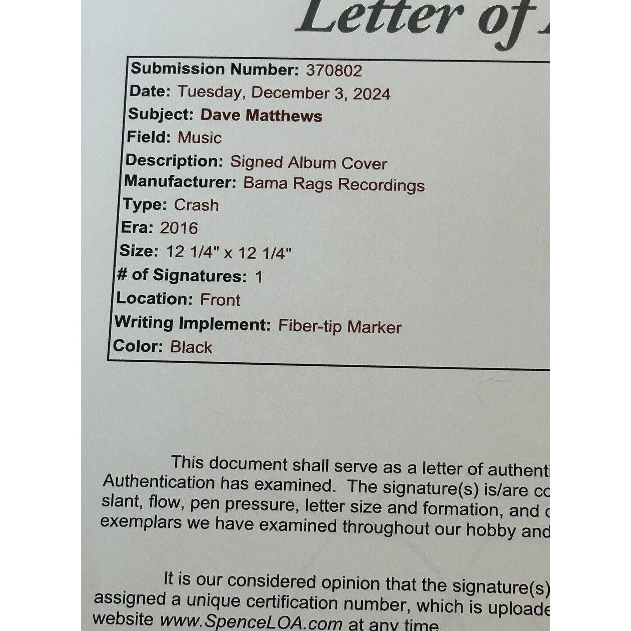 Dave Matthews Autographed Crash LP Vinyl JSA LOA Dave Matthews Band-Entertainment-Right Off The Field