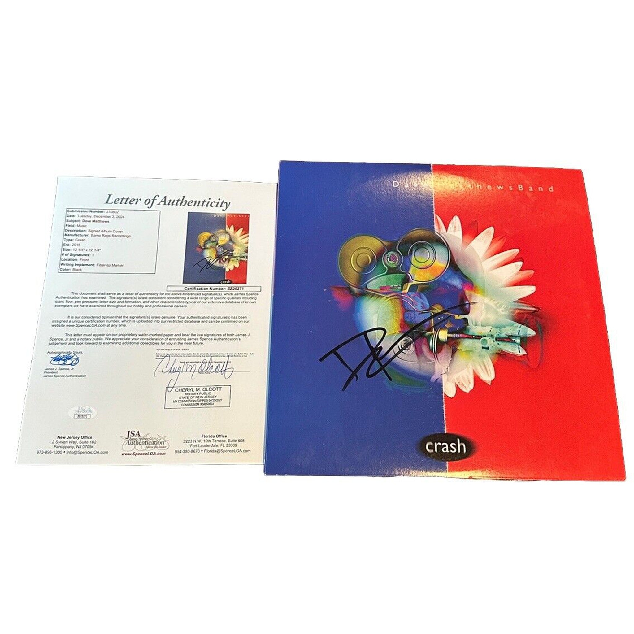 Dave Matthews Autographed Crash LP Vinyl JSA LOA Dave Matthews Band-Entertainment-Right Off The Field