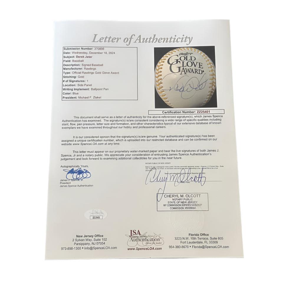 Derek Jeter New York Yankees Autographed Gold Glove Award Baseball JSA LOA-Right Off The Field