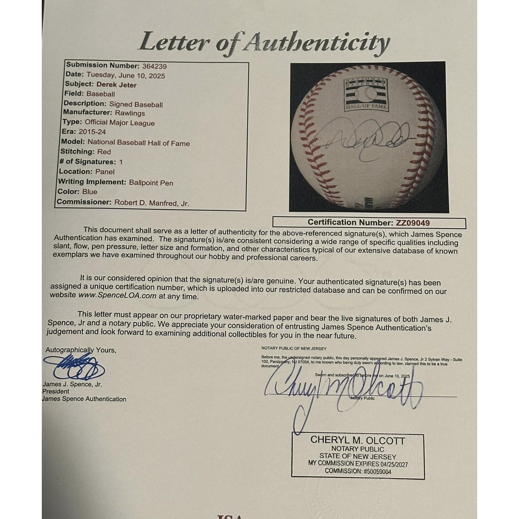 Derek Jeter New York Yankees Signed Official Hall of Fame MLB Baseball JSA LOA-Right Off The Field