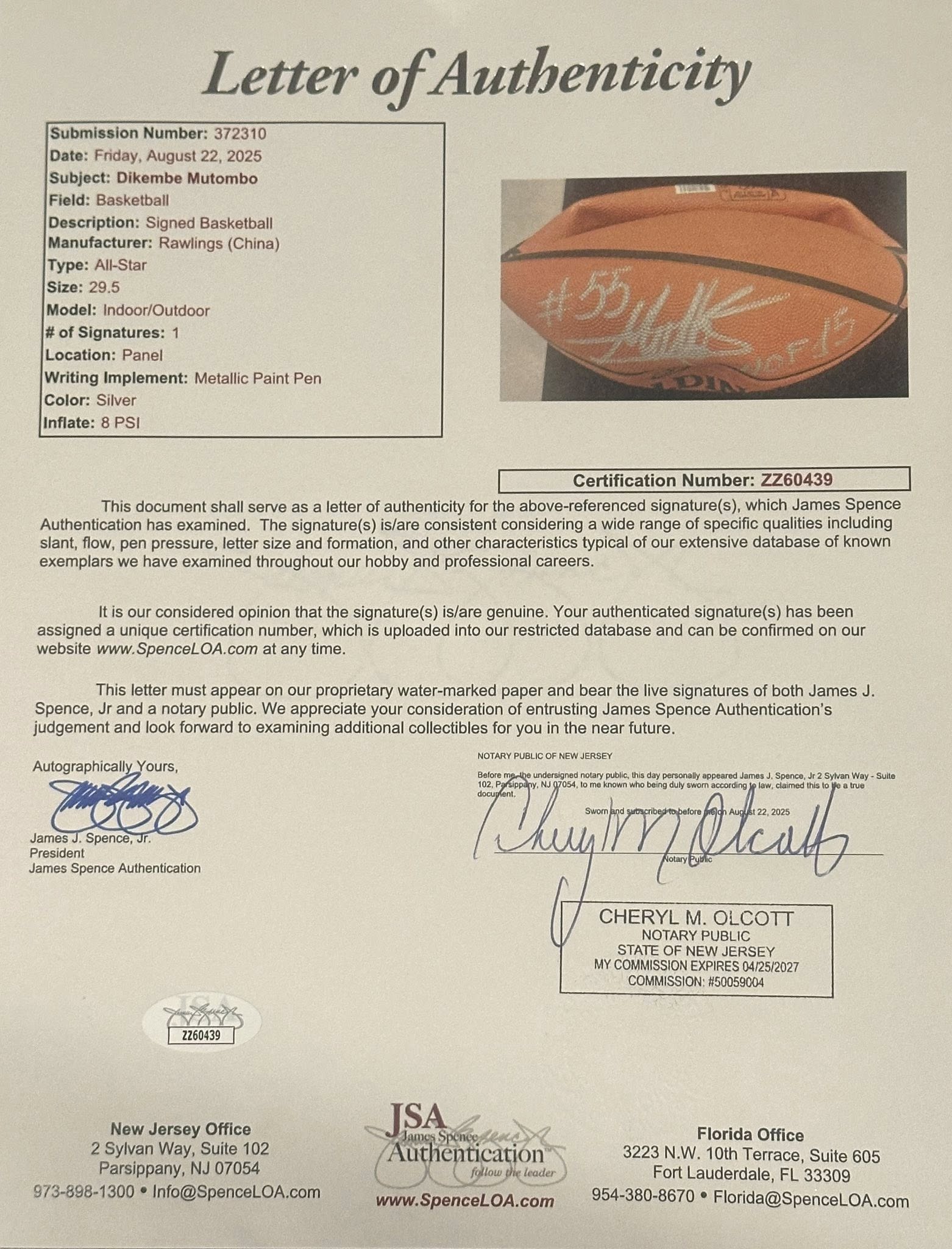 Dikembe Mutombo Autographed Spalding Basketball JSA LOA "HOF 15" Inscription-Right Off The Field