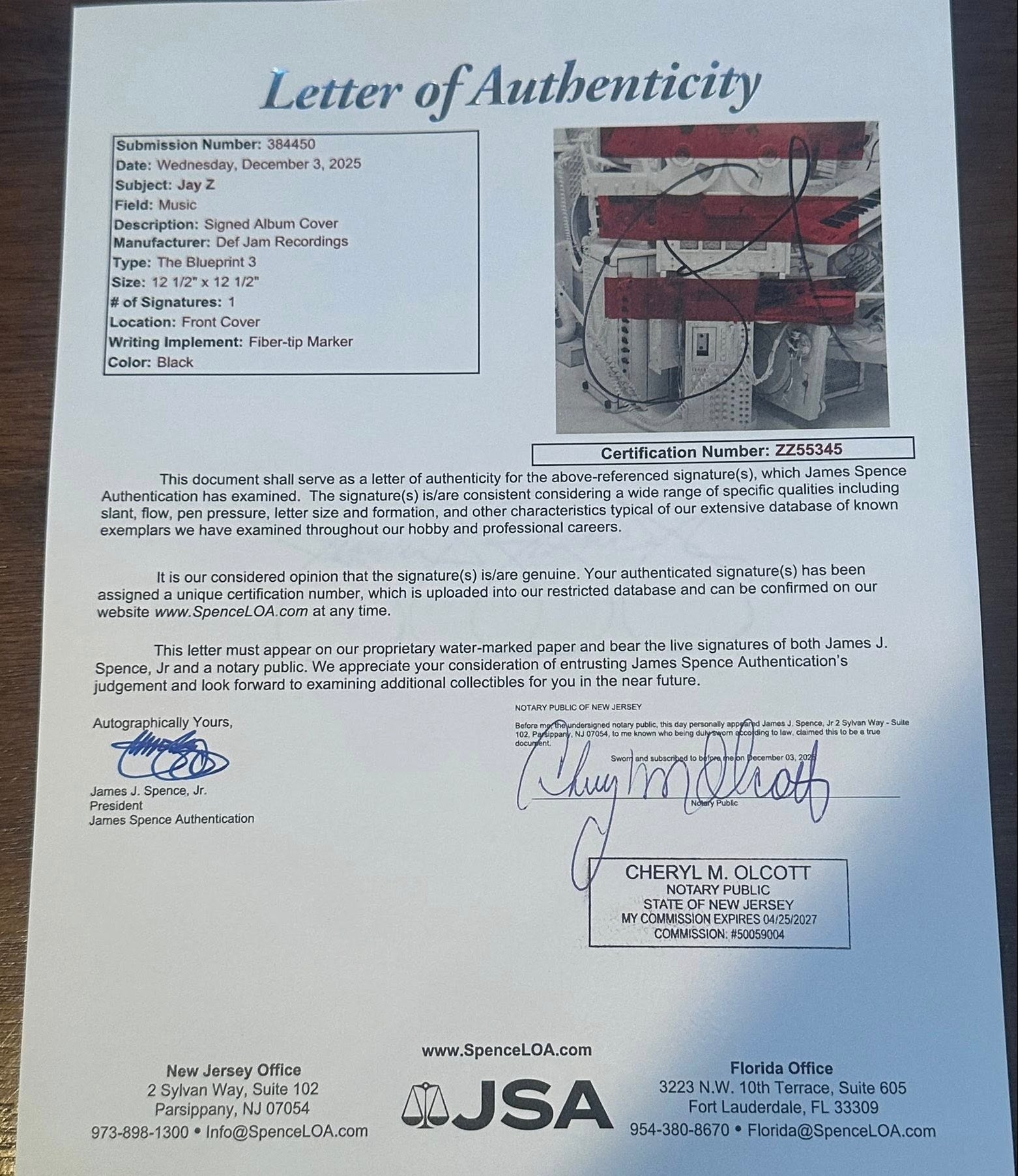 Jay-Z Signed Autographed The Blueprint 3 VINYL LP JSA LOA-Right Off The Field