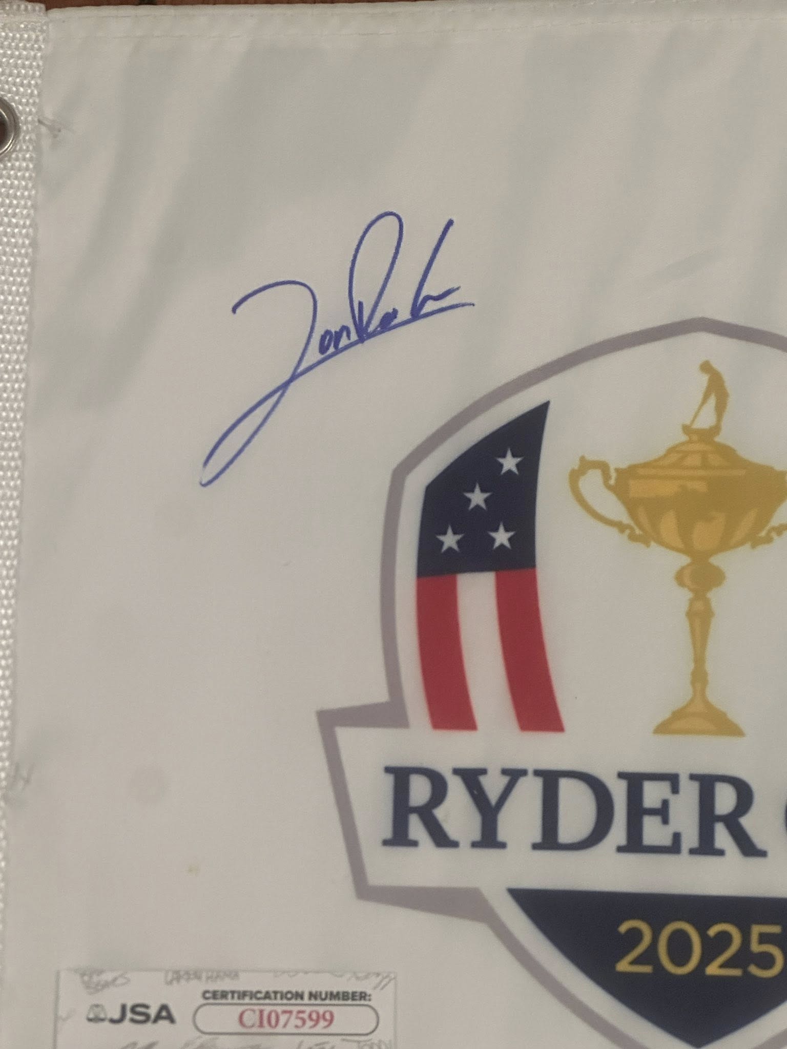 Jon Rahm Autographed 2025 Ryder Cup Pin Flag Team Europe JSA COA-Right Off The Field