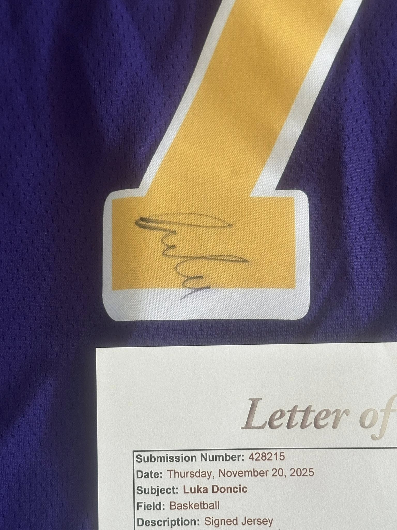Luka Doncic Autographed Los Angeles Lakers Jersey JSA LOA-Right Off The Field