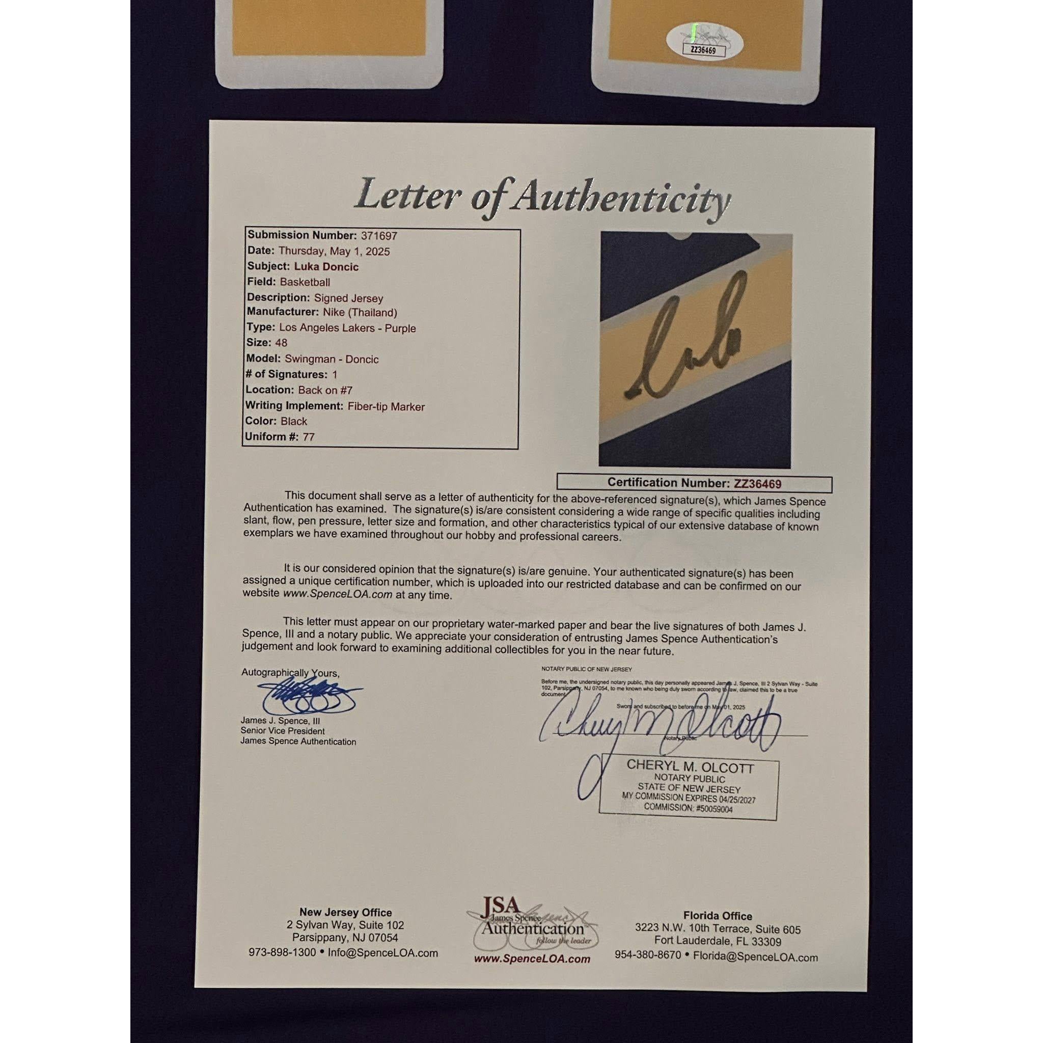 Luka Doncic Autographed Los Angeles Lakers Jersey JSA LOA-Right Off The Field