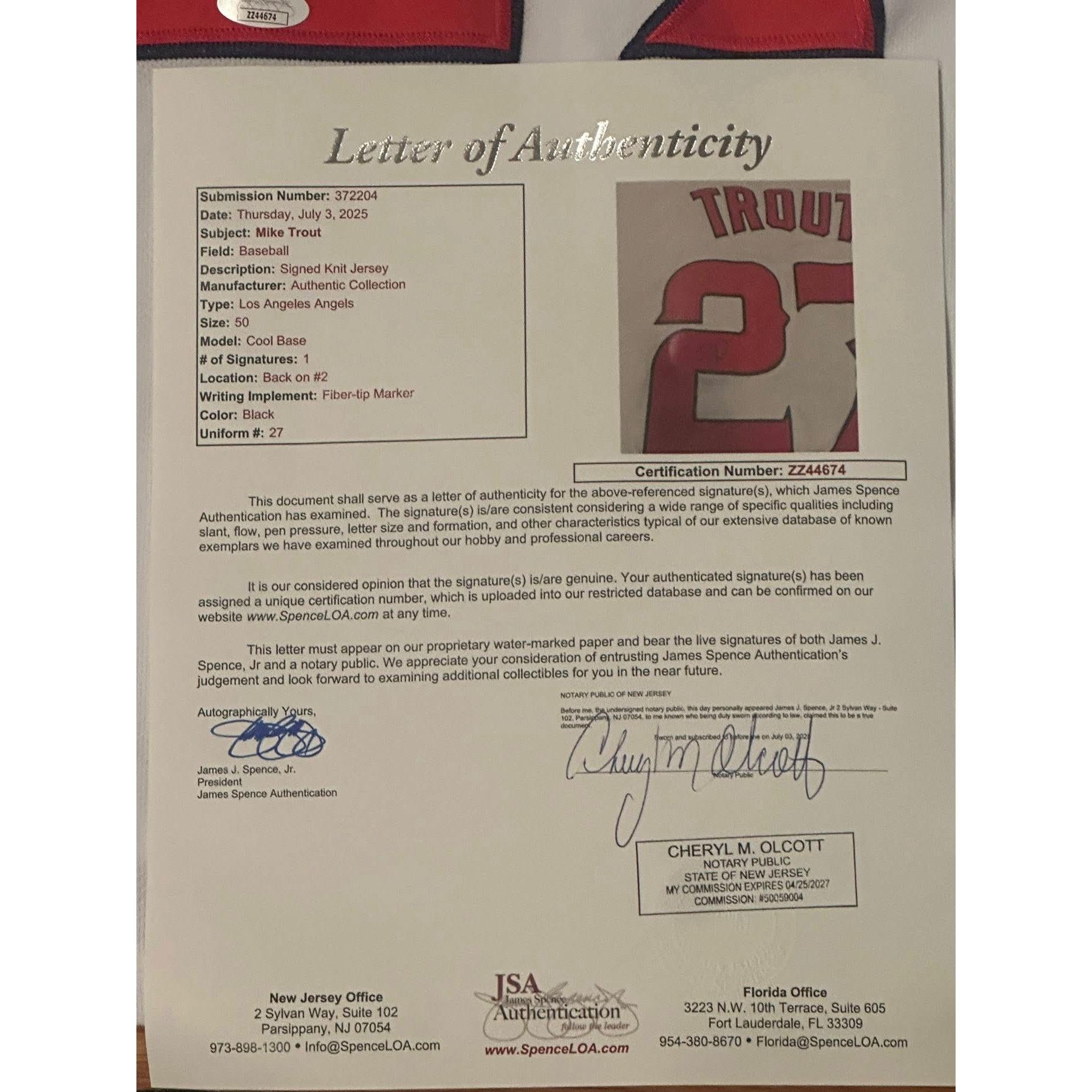 Mike Trout Autographed Los Angeles Angels Custom Jersey JSA LOA-Right Off The Field