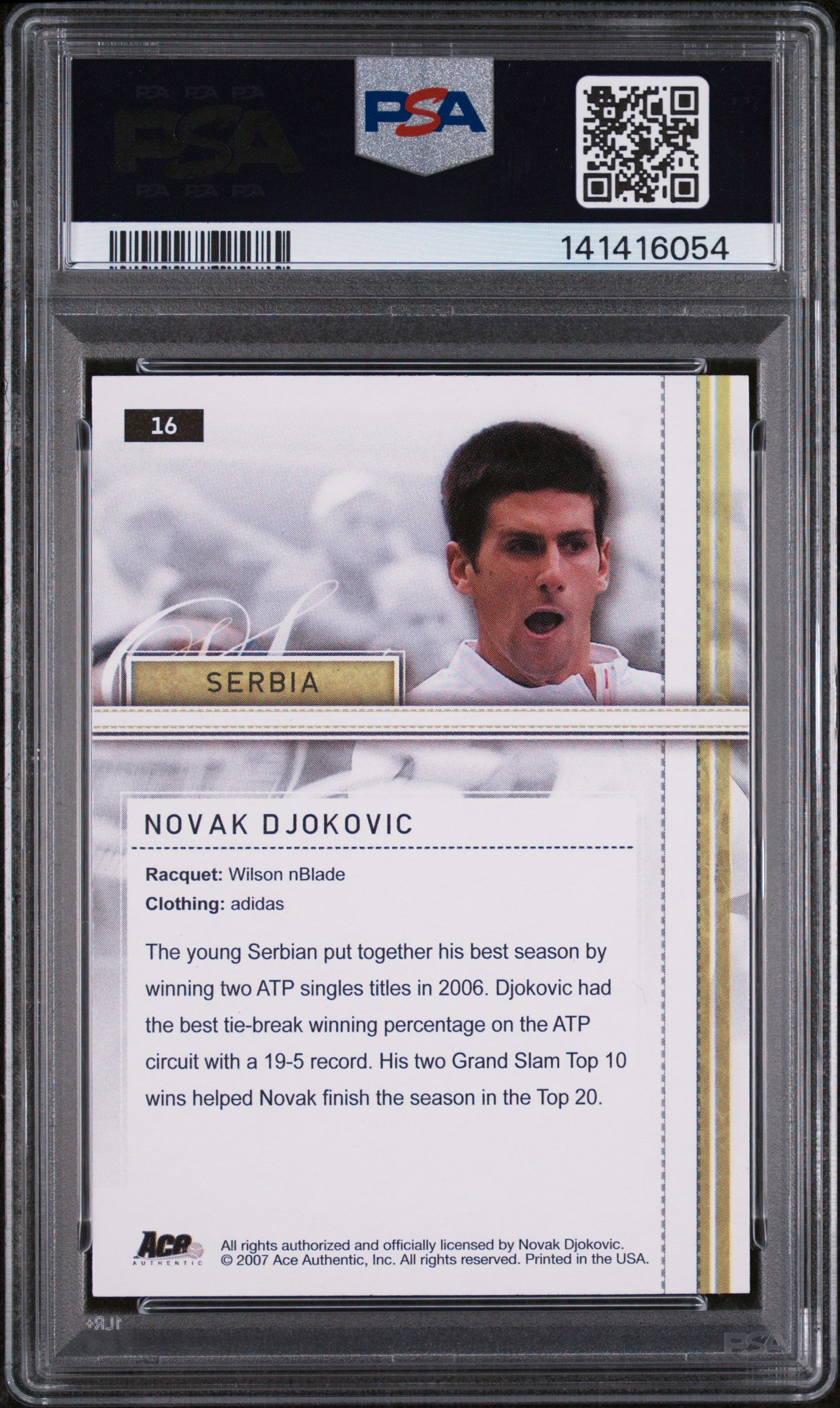 Novak Djokovic Autographed 2007 Ace Authentic Straight Sets #16 Mint 9-Right Off The Field
