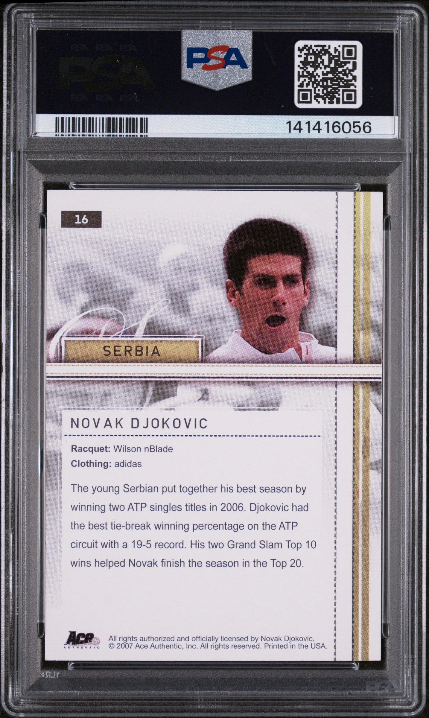 Novak Djokovic Autographed 2007 Ace Authentic Straight Sets #16 Mint 9-Right Off The Field