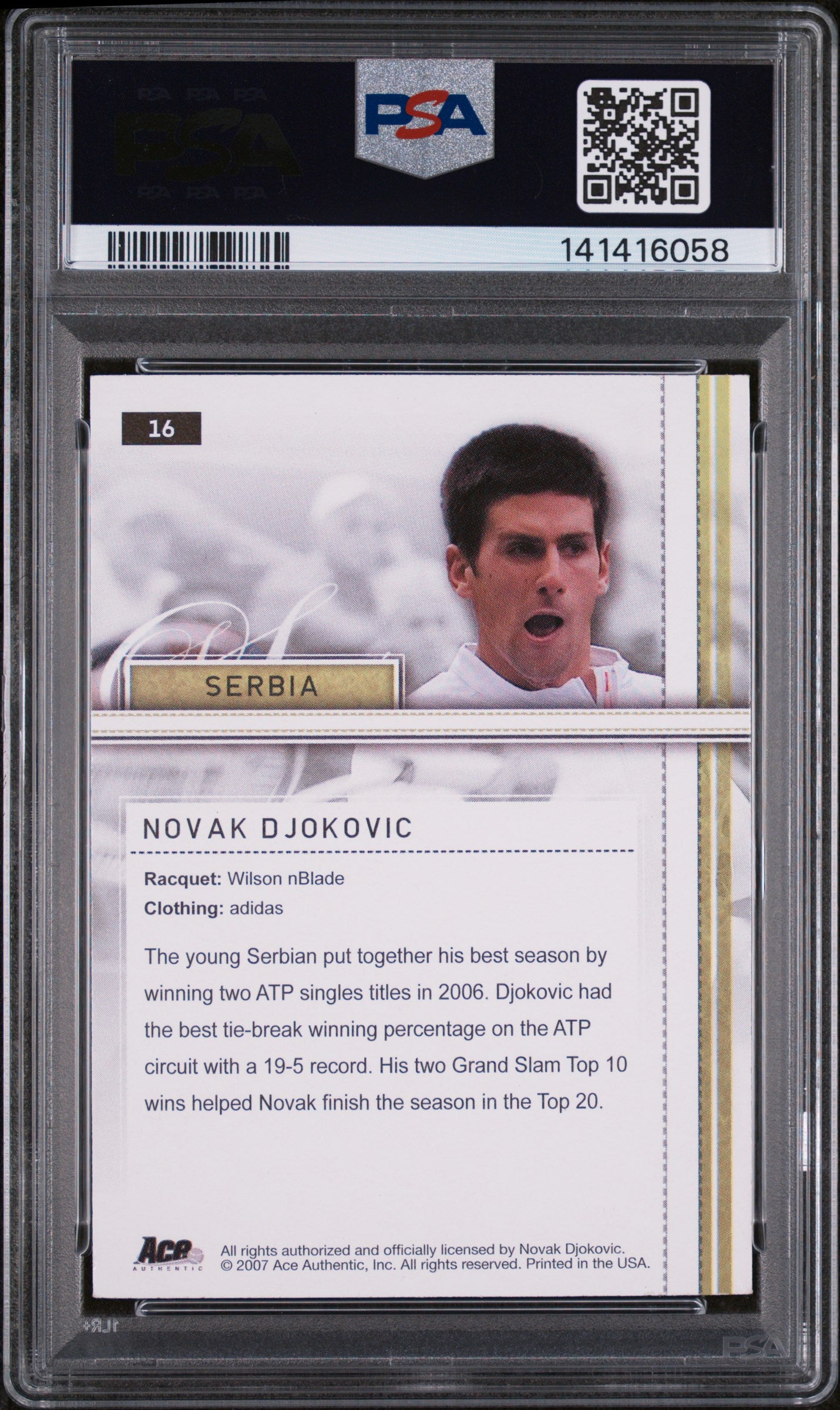 Novak Djokovic Autographed 2007 Ace Authentic Straight Sets #16 NM-MT 8-Right Off The Field