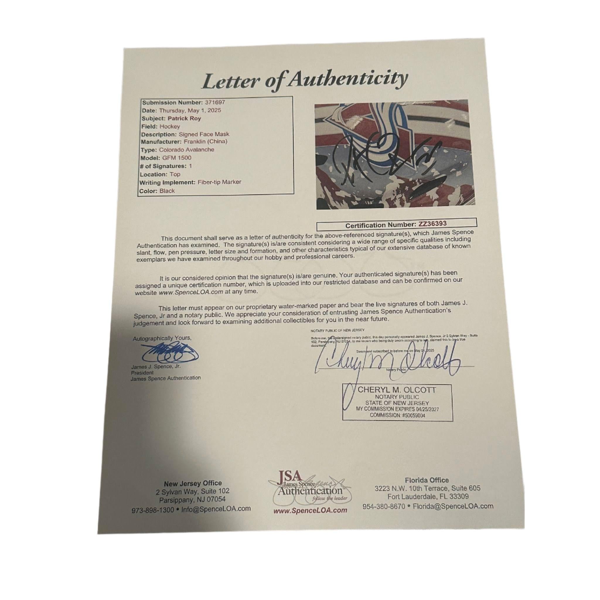 Patrick Roy Signed Colorado Avalanche Full Size Franklin Goalie Mask JSA LOA-Right Off The Field
