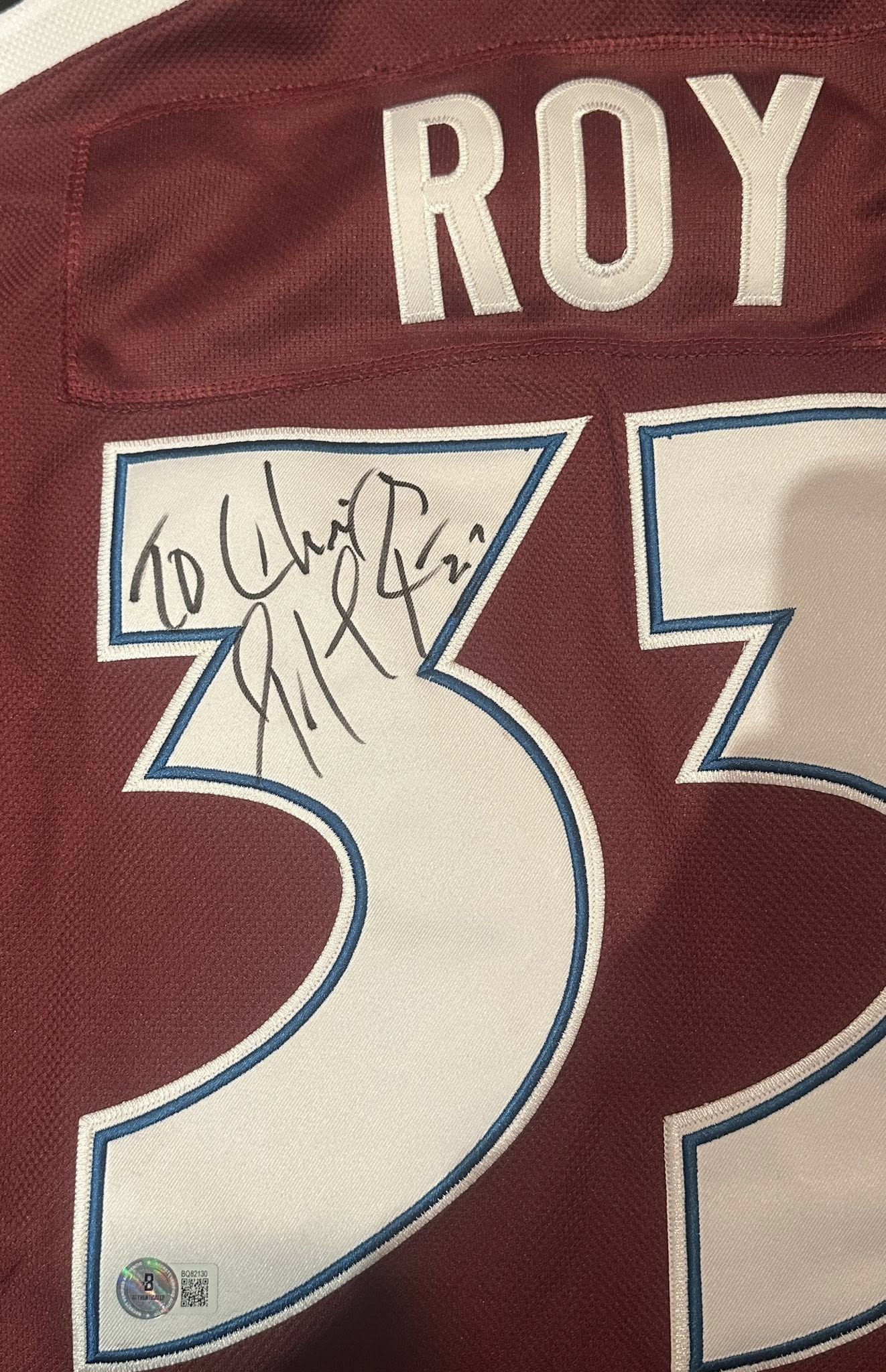 Patrick Roy Signed Colorado Avalanche Jersey Personalized "To Chris" Beckett-Right Off The Field