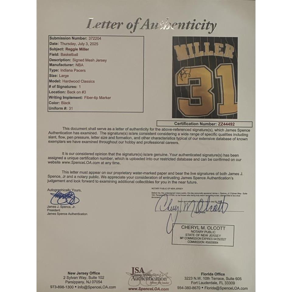 Reggie Miller Autographed Indiana Pacers Jersey JSA LOA-Right Off The Field