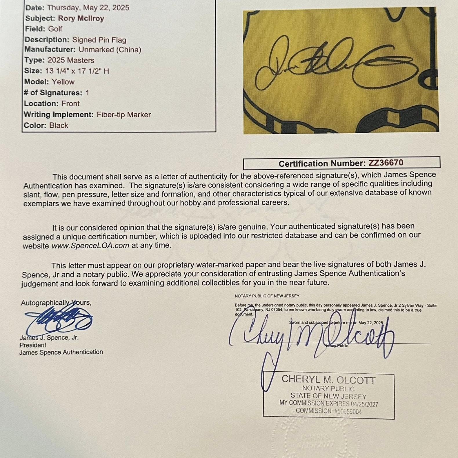 Rory McIlroy Autographed 2025 Masters Pin Flag JSA LOA Grand Slam Winner-Right Off The Field