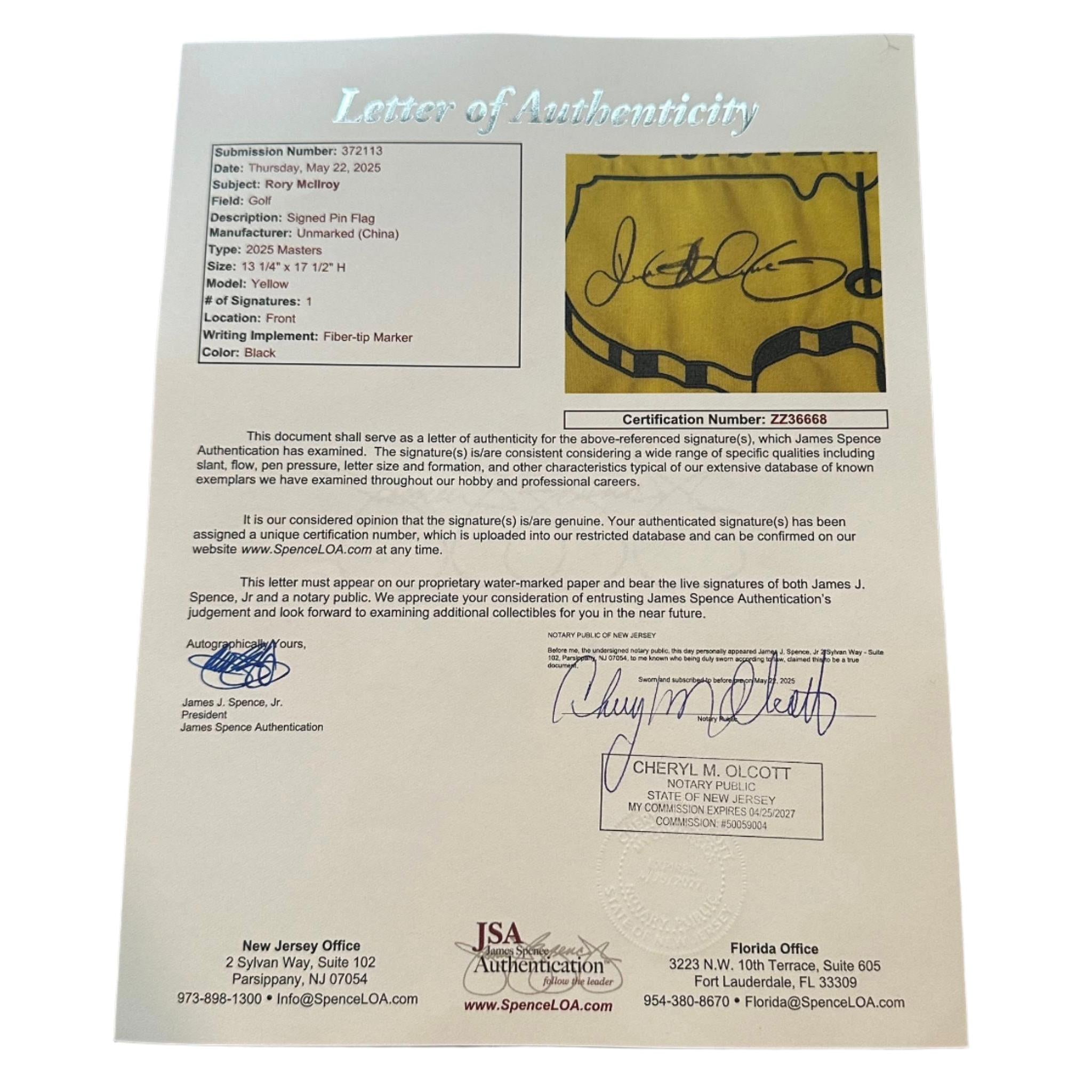 Rory McIlroy Autographed 2025 Masters Pin Flag JSA LOA Grand Slam Winner-Right Off The Field