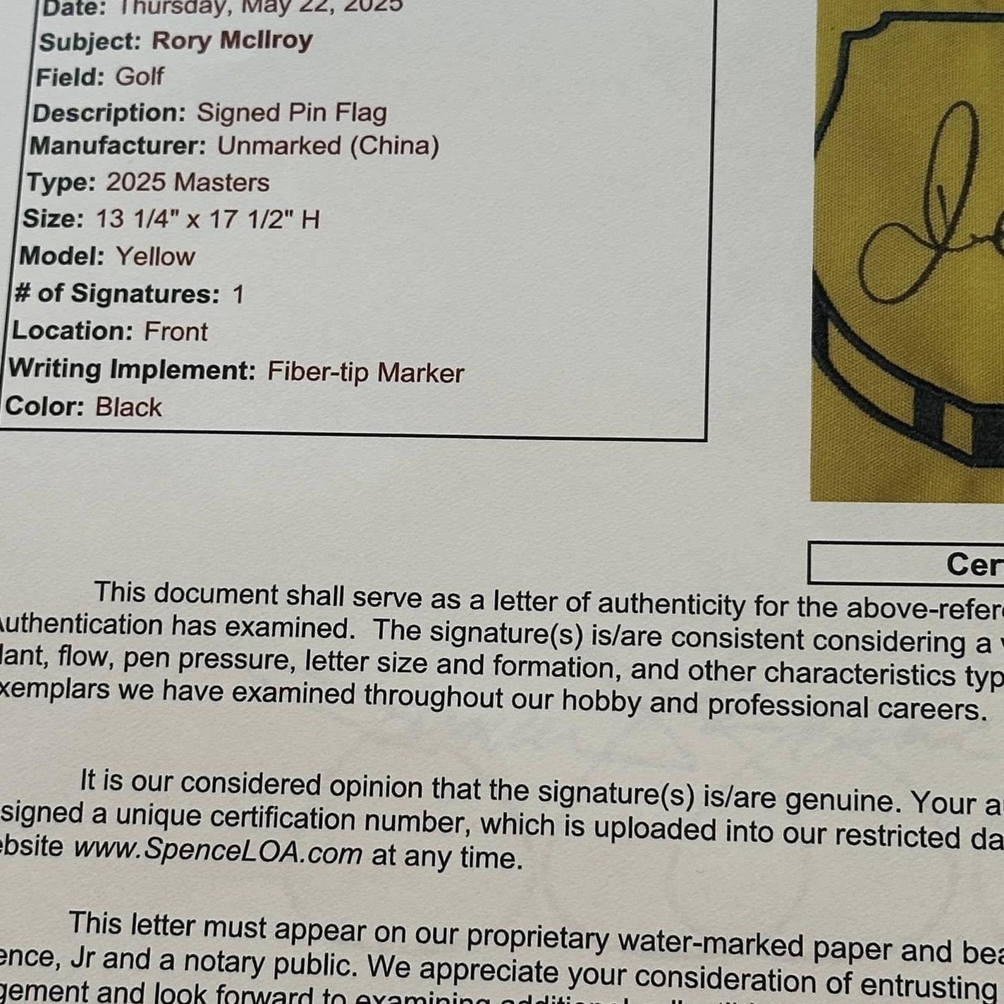 Rory McIlroy Autographed 2025 Masters Pin Flag JSA LOA Grand Slam Winner-Right Off The Field