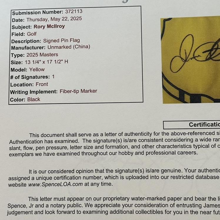 Rory McIlroy Autographed 2025 Masters Pin Flag JSA LOA Grand Slam Winner-Right Off The Field