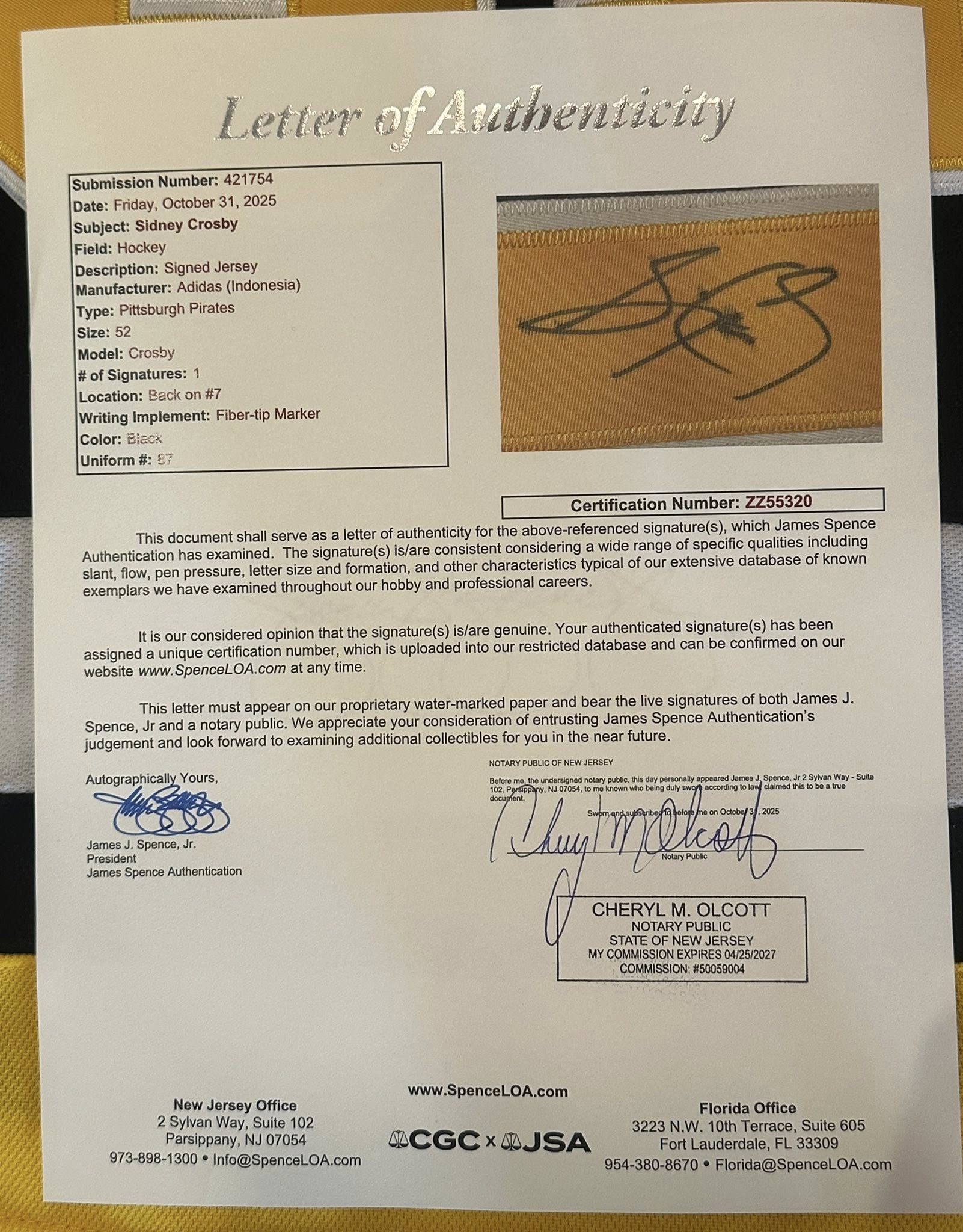 Sidney Crosby Signed Autographed Pittsburgh Penguins Jersey JSA LOA-Right Off The Field