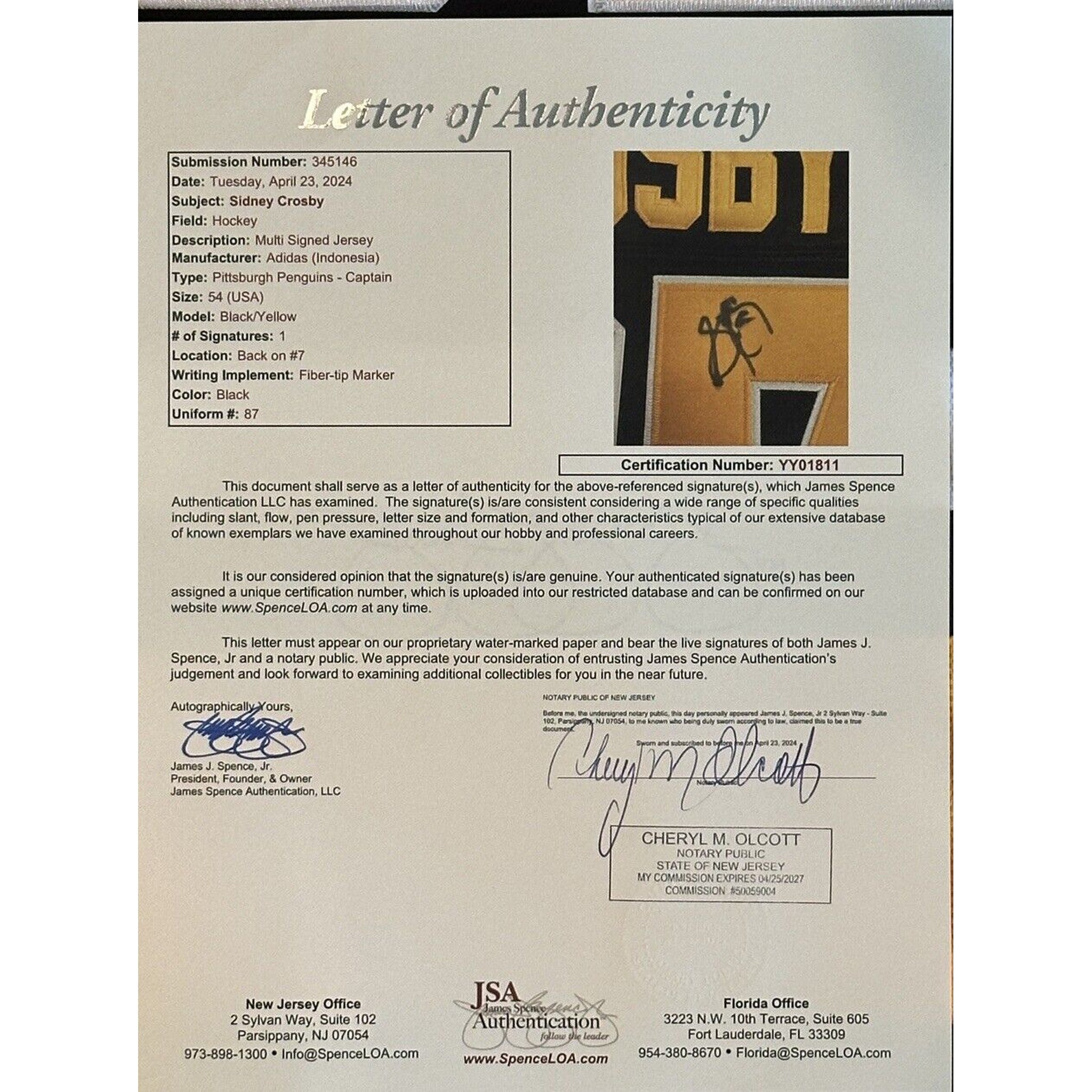 Sidney Crosby Signed Pittsburgh Penguins Jersey JSA LOA Autograph-Hockey-Right Off The Field