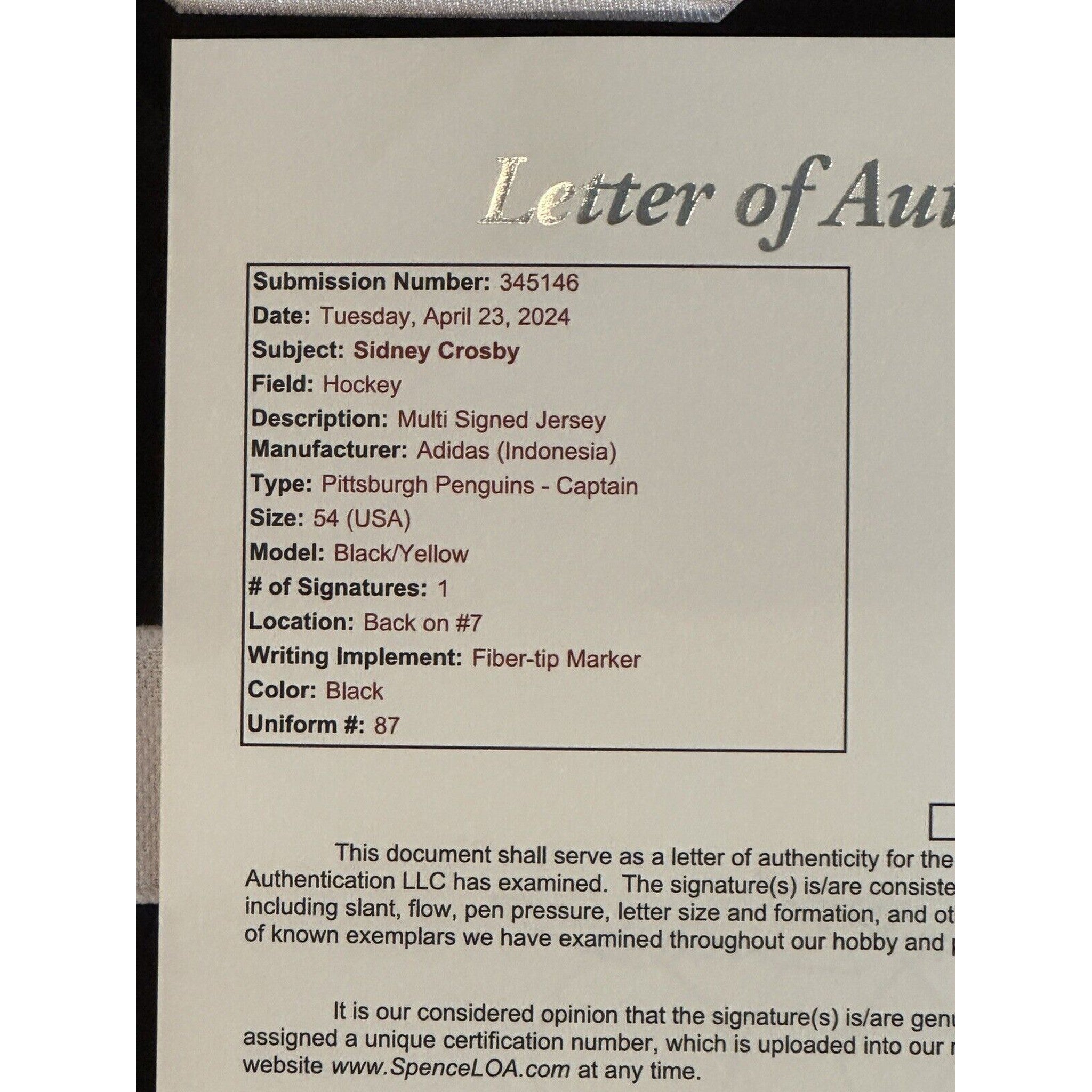 Sidney Crosby Signed Pittsburgh Penguins Jersey JSA LOA Autograph-Hockey-Right Off The Field