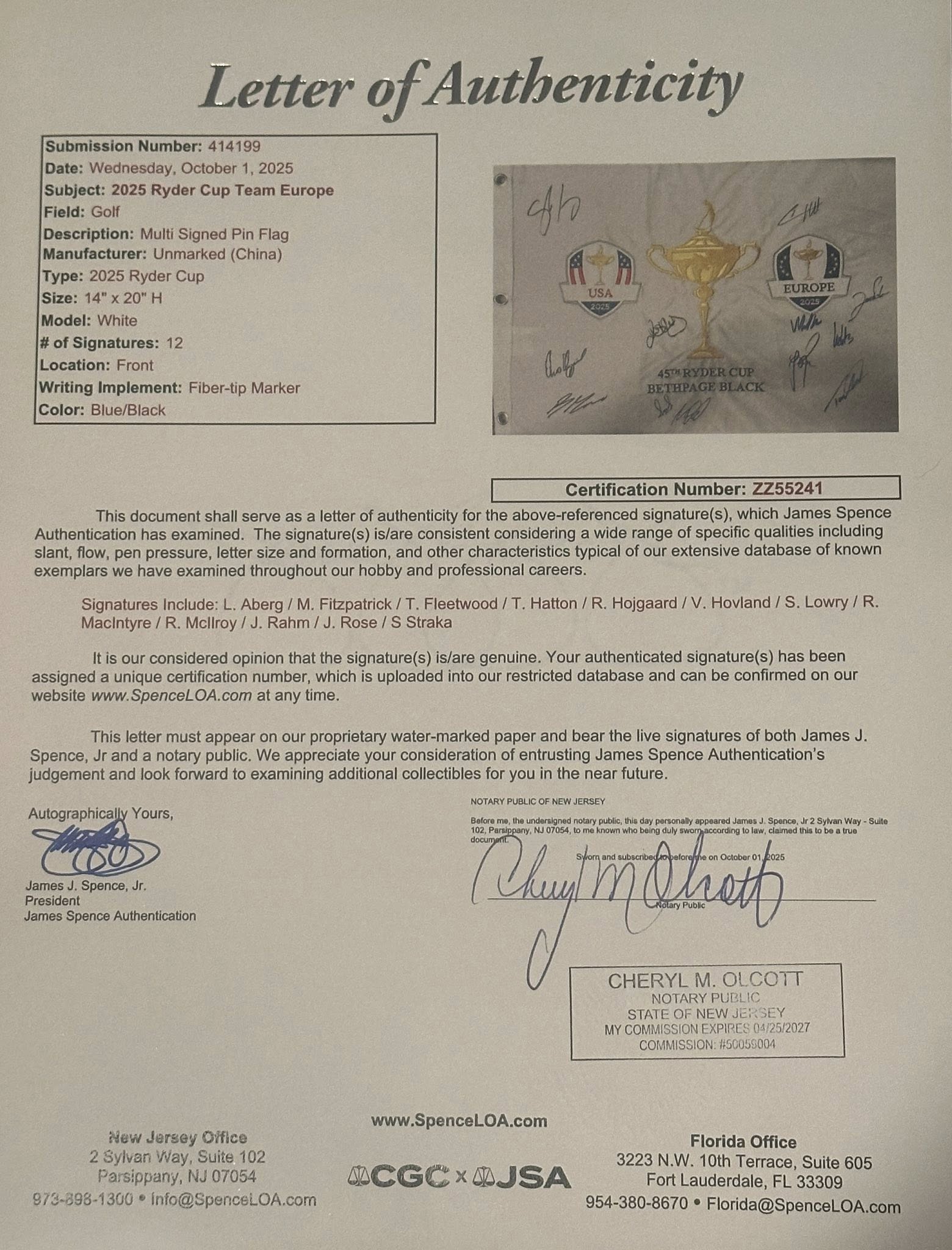 Team Europe Signed 2025 Ryder Cup Pin Flag All 12 Players JSA LOA Rory McIlroy-Right Off The Field