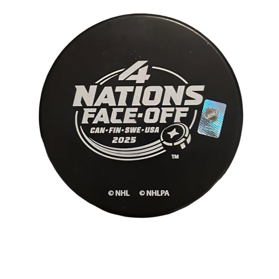 Travis Konecny Team Canada Autographed 4 Nations Logo Puck-Right Off The Field