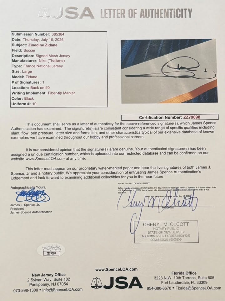 Zinedine Zidane Signed Autographed France Jersey JSA LOA-Right Off The Field