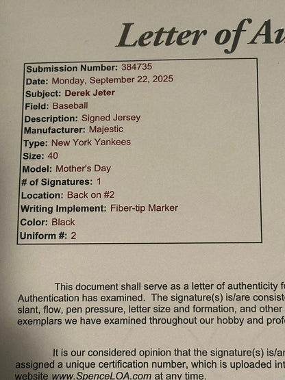 Derek Jeter Autographed New York Yankees Mother's Day Jersey JSA LOA