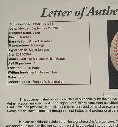 Derek Jeter Autographed Hall of Fame MLB Baseball JSA LOA New York Yankees