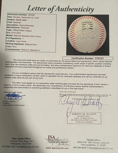 Derek Jeter Autographed Hall of Fame MLB Baseball JSA LOA New York Yankees