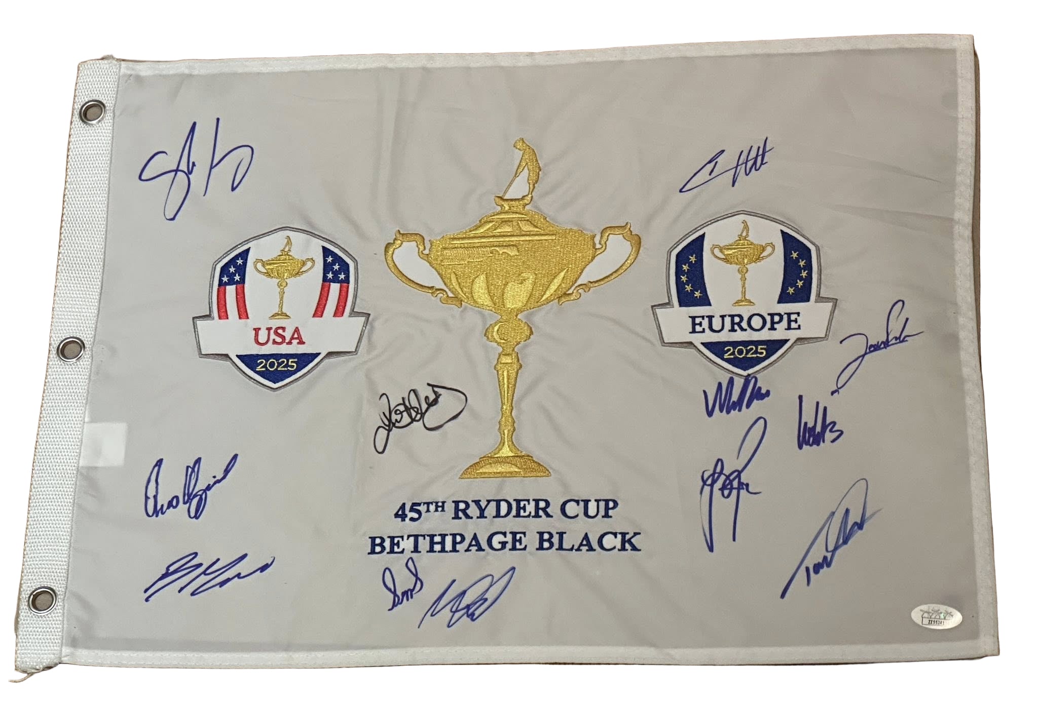 Team Europe Signed 2025 Ryder Cup Pin Flag All 12 Players JSA LOA Rory McIlroy