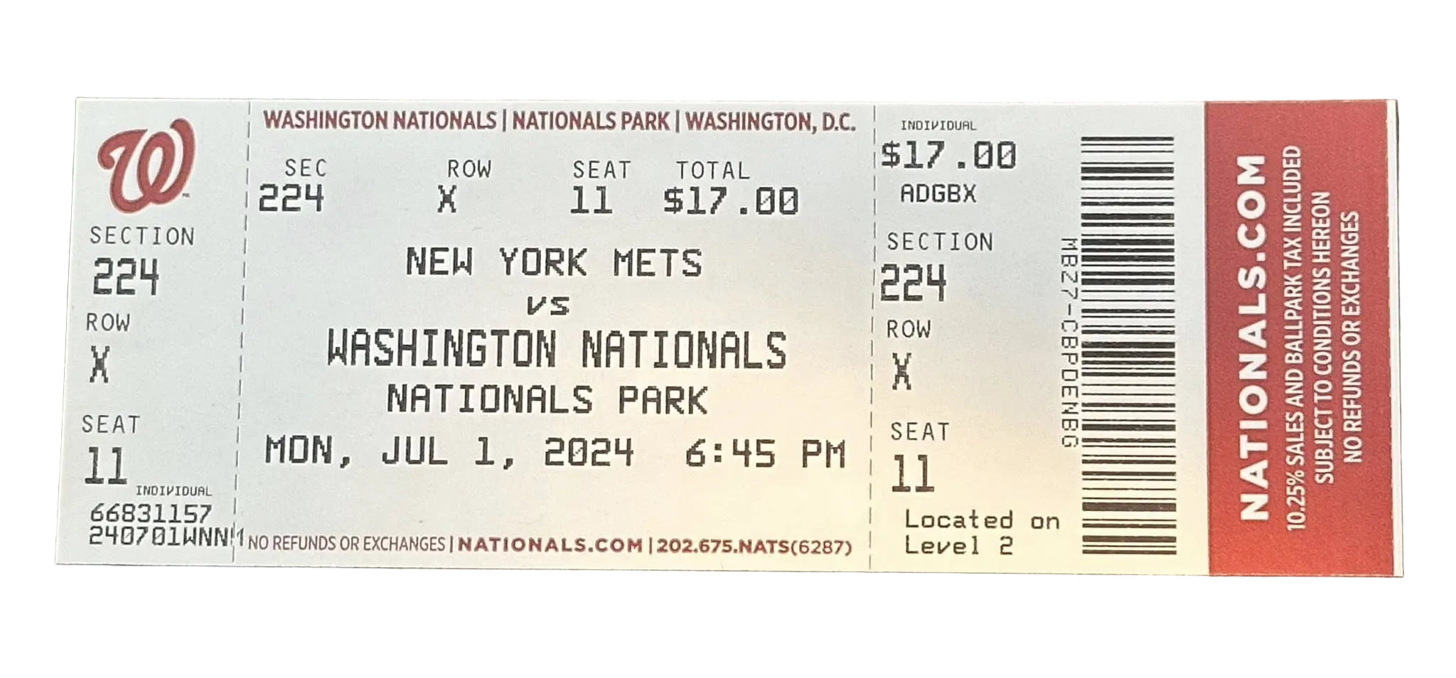 James Wood Washington Nationals MLB Debut Ticket Stub 7/1/2024.