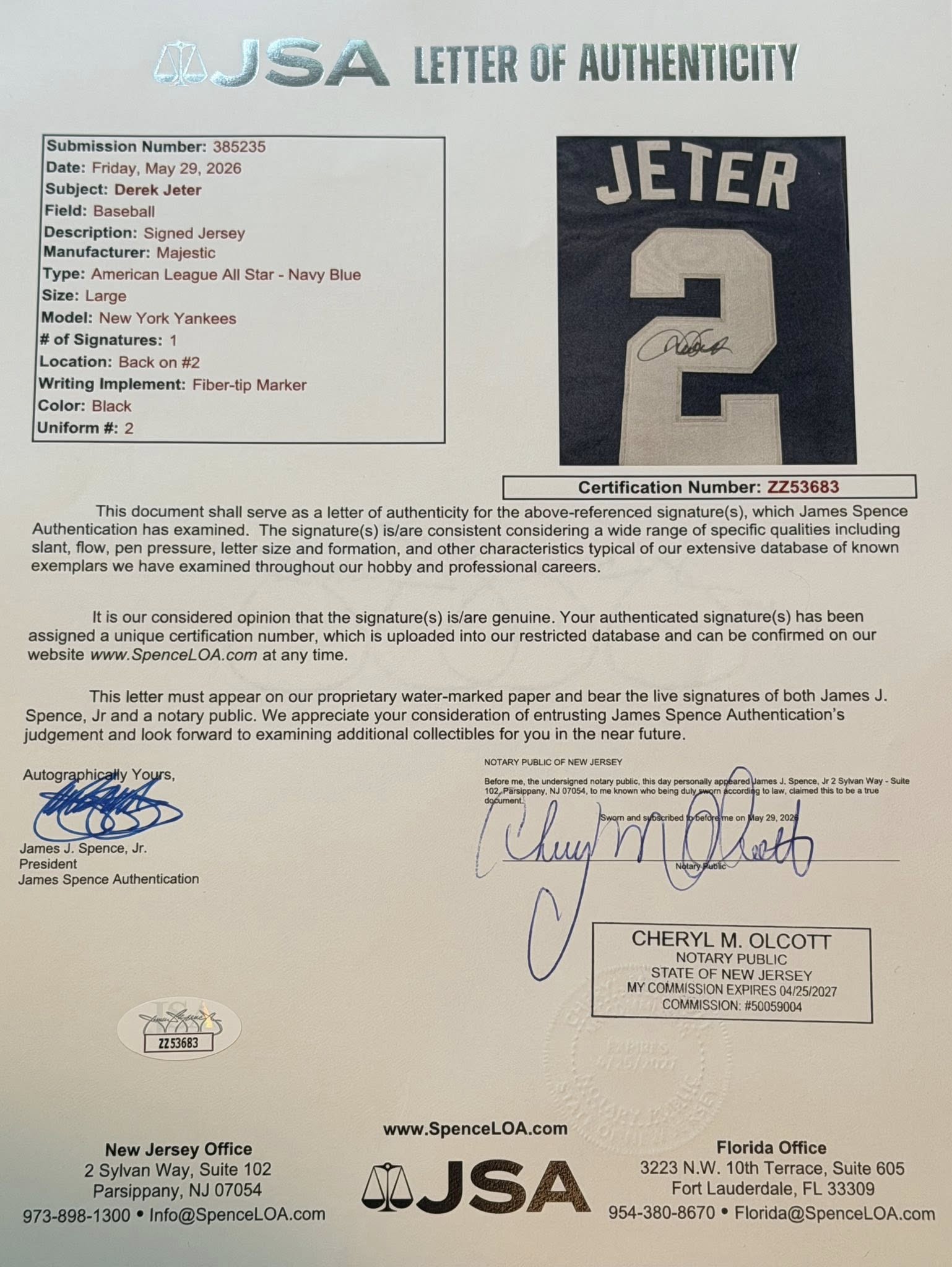 Derek Jeter Autographed 2008 MLB All Star Jersey JSA LOA New York Yankees