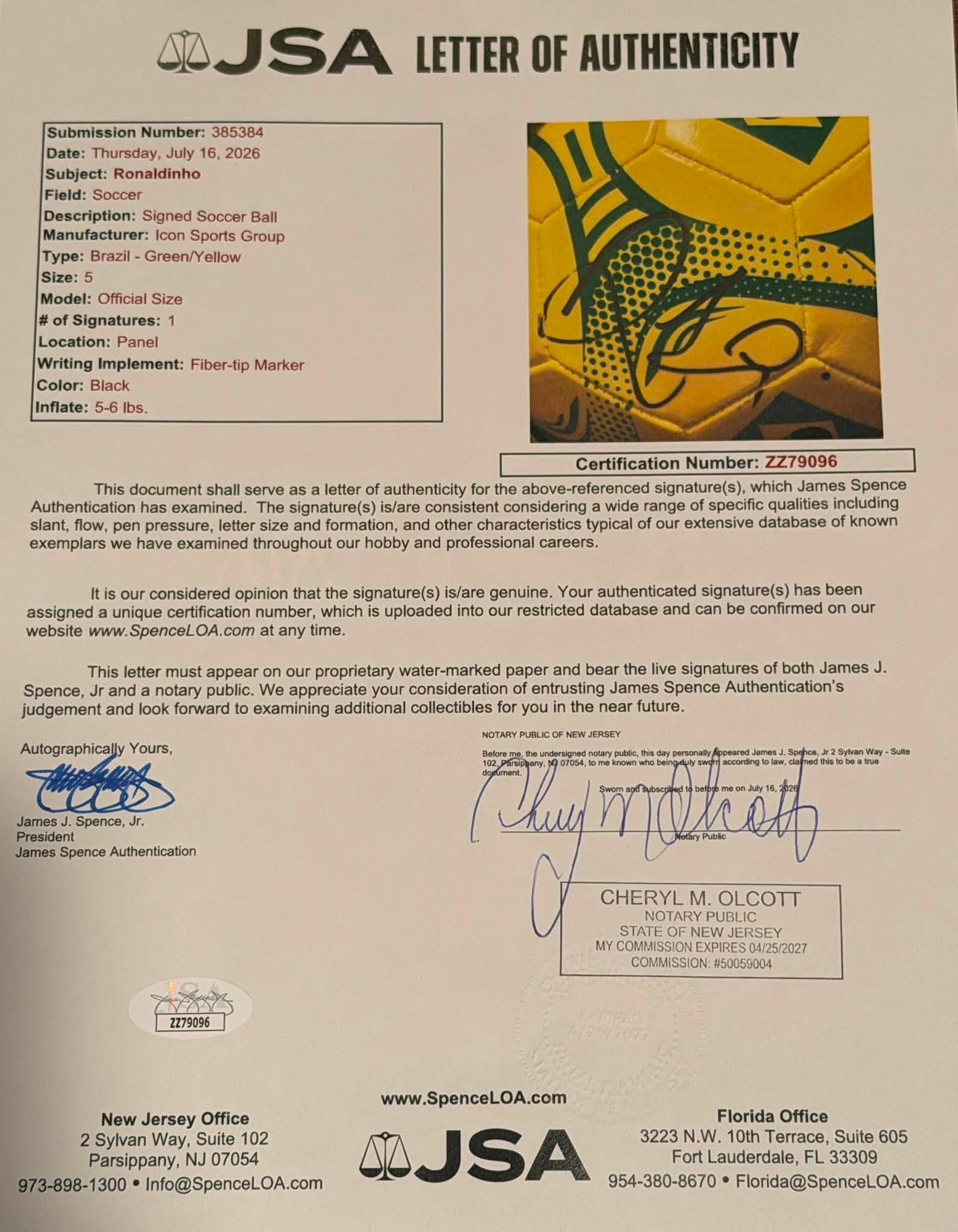 Ronaldinho Signed Autographed Brazil Soccer Ball JSA LOA