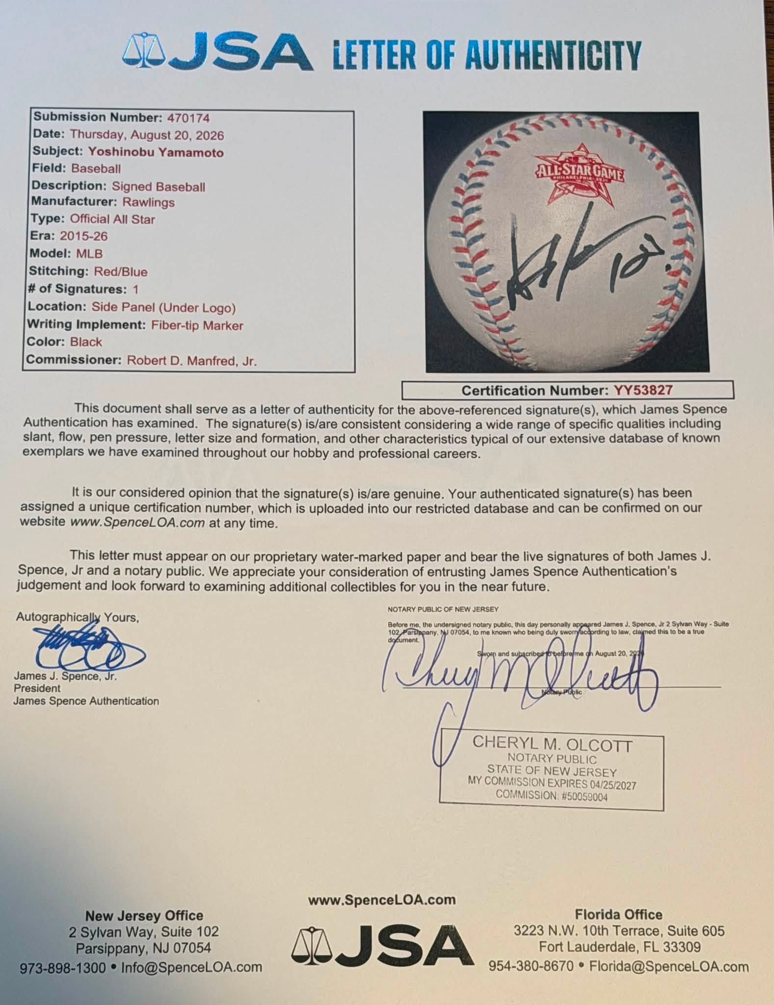 Yoshinobu Yamamoto Autographed 2026 MLB All Star Game Baseball JSA LOA Dodgers